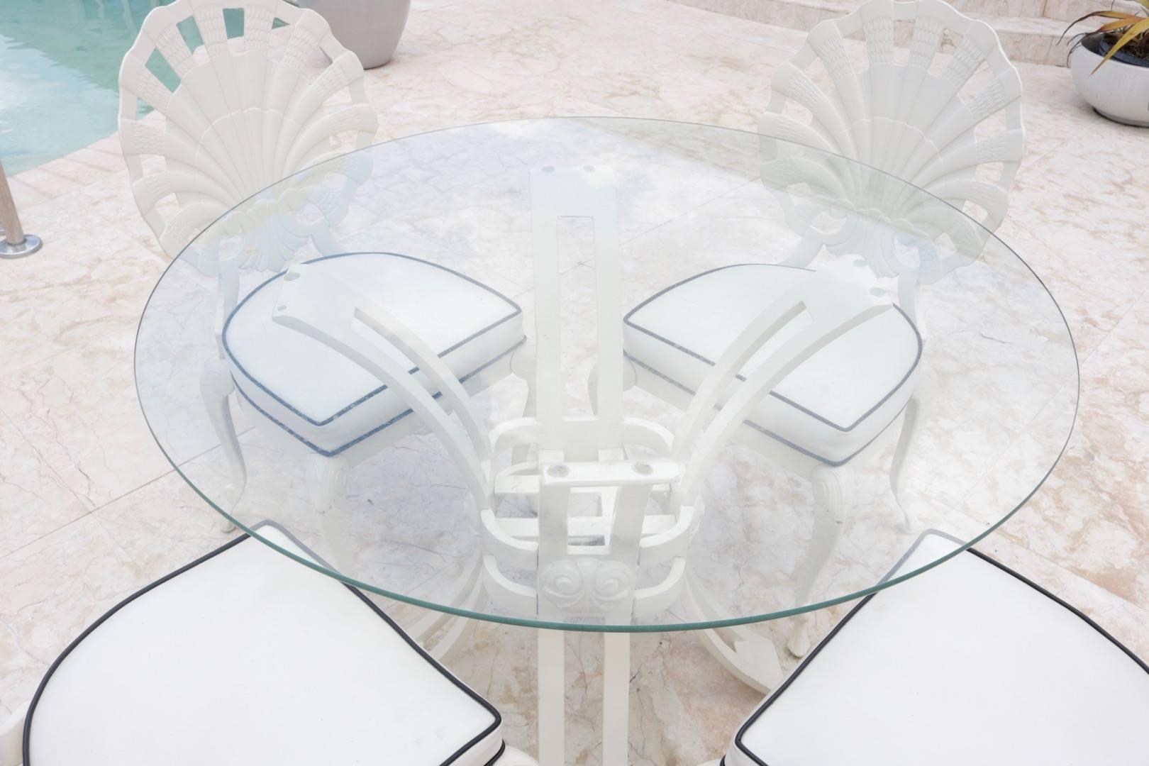 American Brown Jordan Grotto Shell Back Chairs and Round Glass Top Table in White