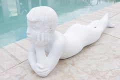 Mid Century, Reclining Nude Male Sculpture in a White Marble Concrete Compositio