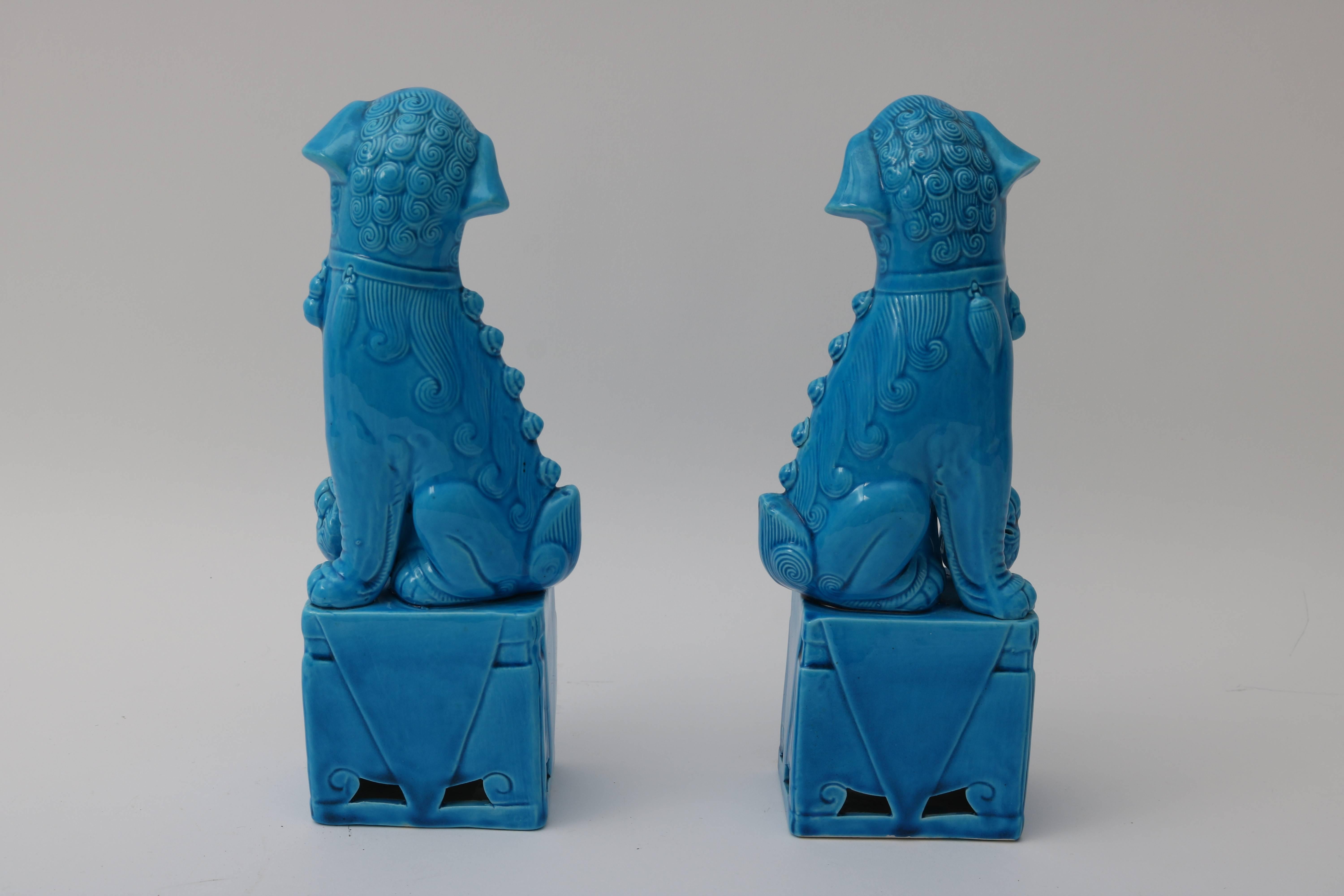 20th Century Pair of 1920s Chinese, Glazed Peking Blue Foo Dogs