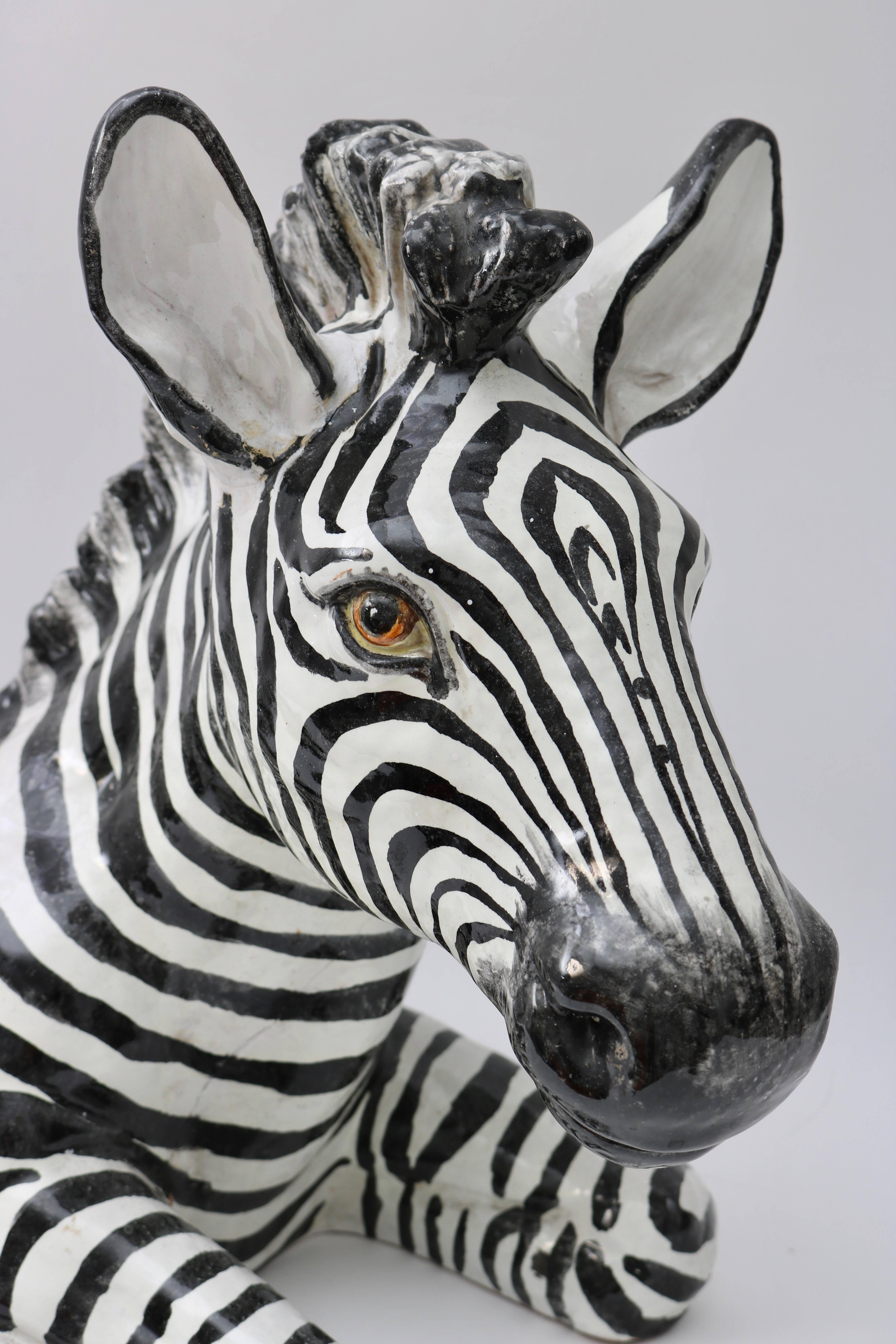 Palm Beach Regency Italian Glazed Terra Cotta Zebra In Good Condition In West Palm Beach, FL