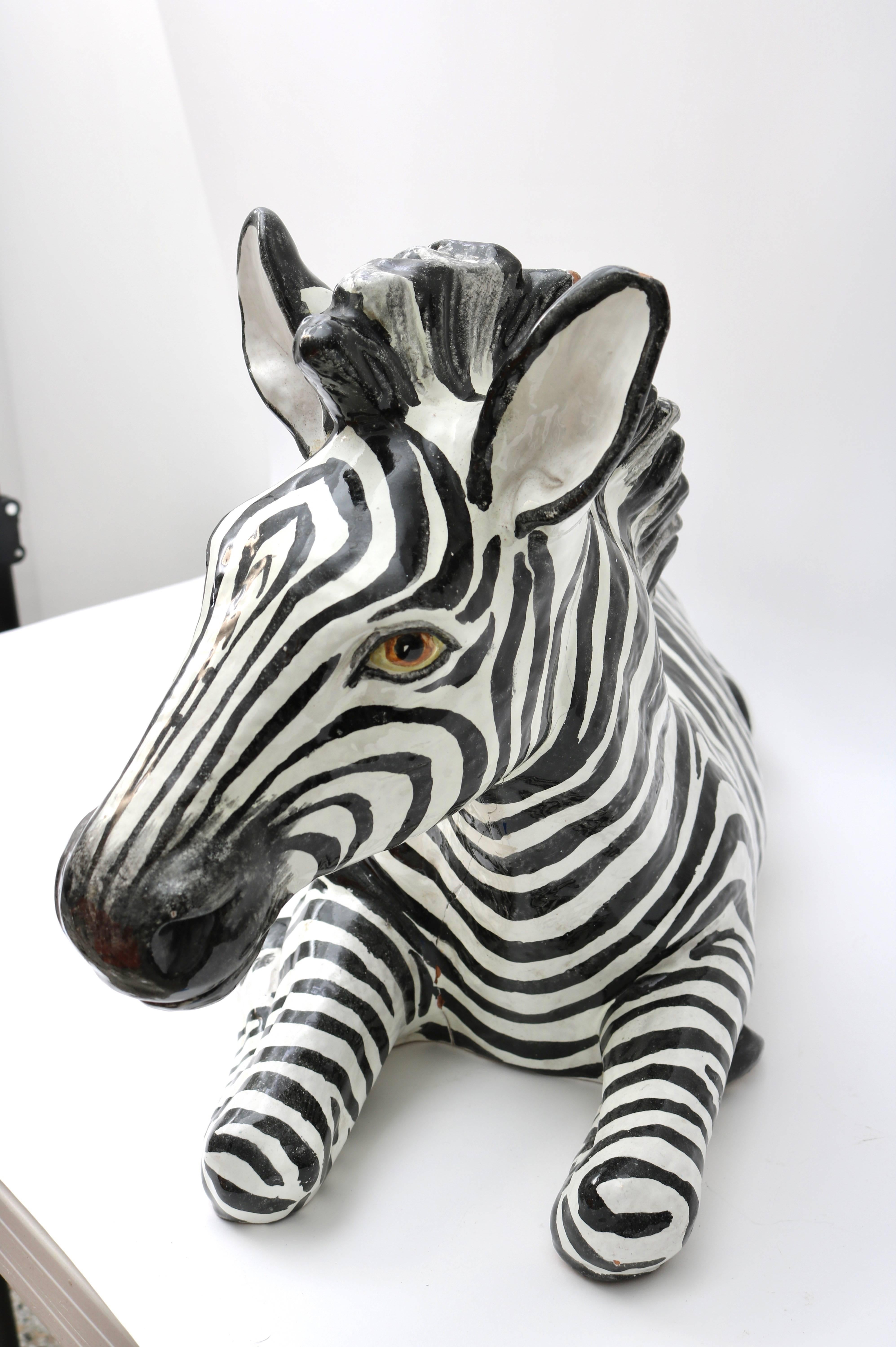20th Century Palm Beach Regency Italian Glazed Terra Cotta Zebra