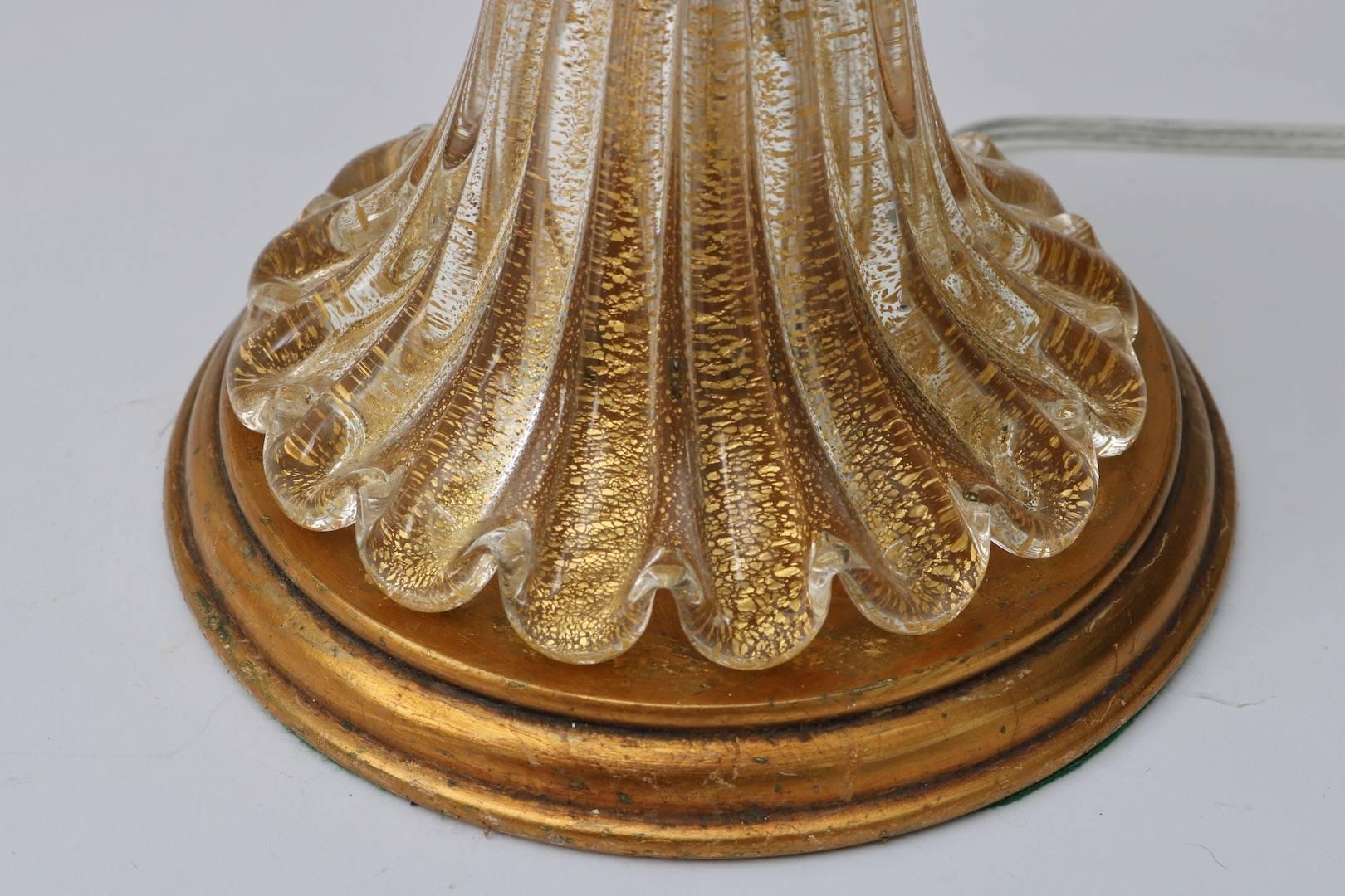 Hand-Crafted Pair of Barovier Et Toso Murano Glass Lamps in Clear Gold Coloration