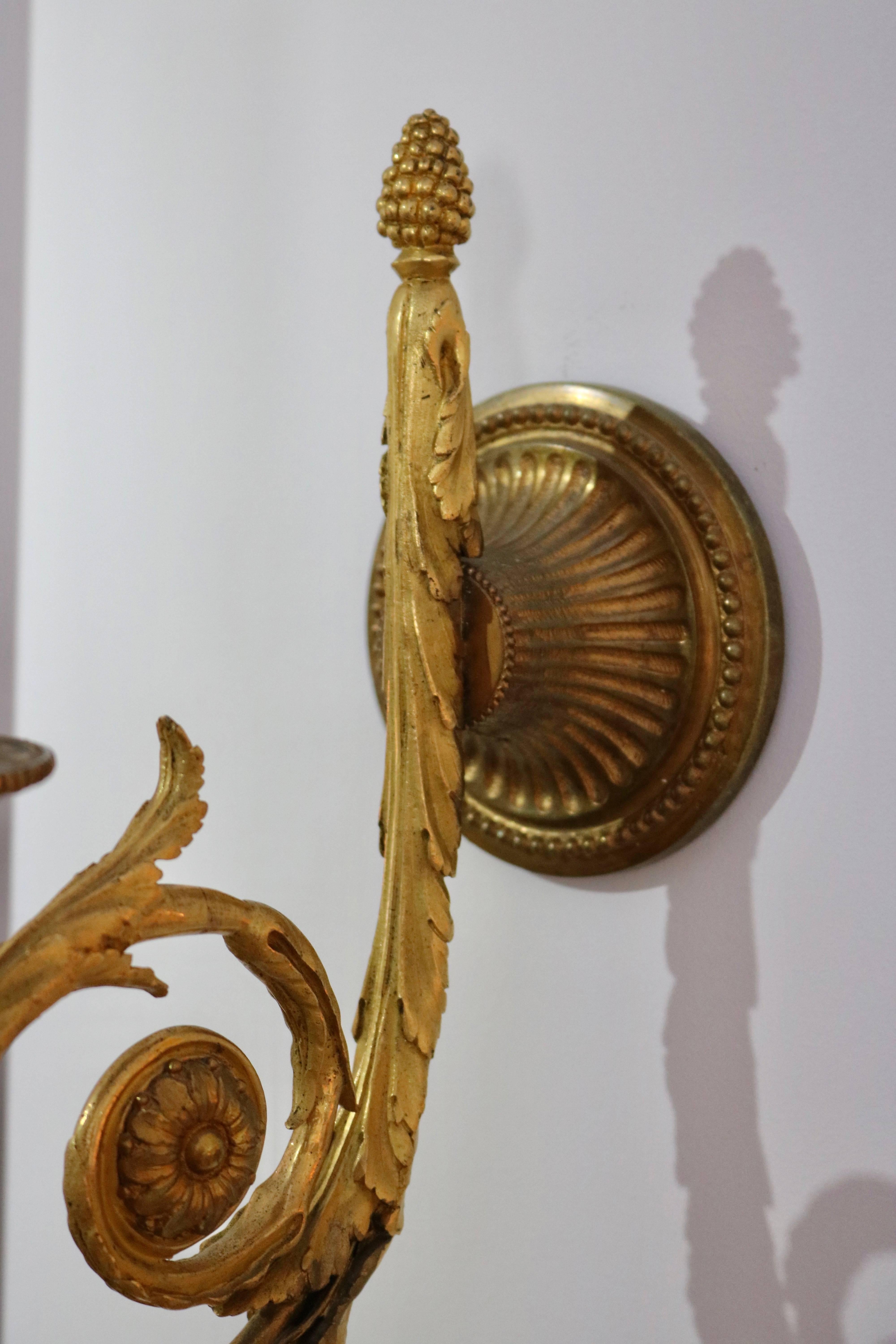 Pair of Louis XVI Style Single Arm, Bronze Doré Wall Sconces In Good Condition In West Palm Beach, FL