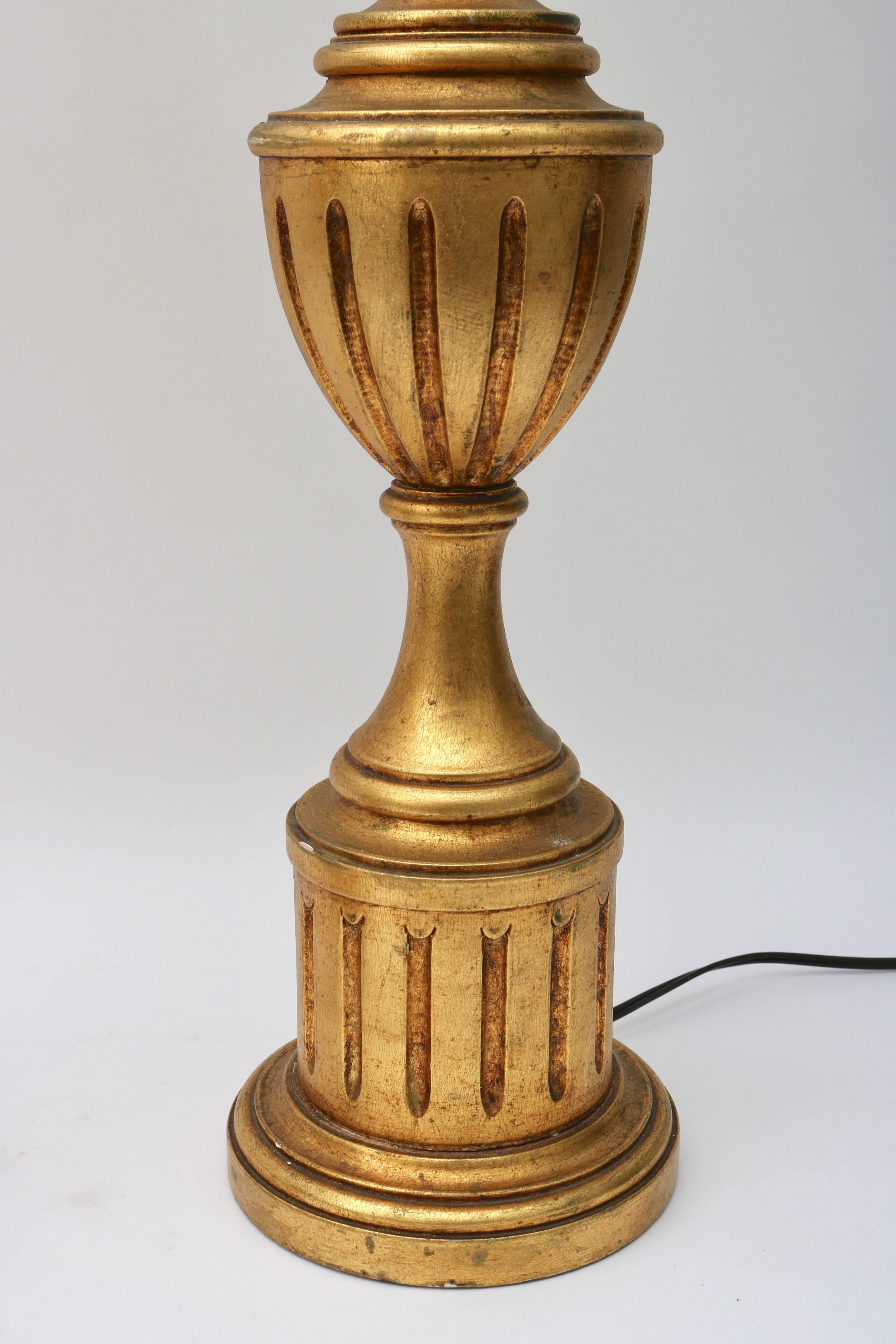American Pair of Louis XVI Style Urn-Form Table Lamps in a Bright, Antique Gold Finish