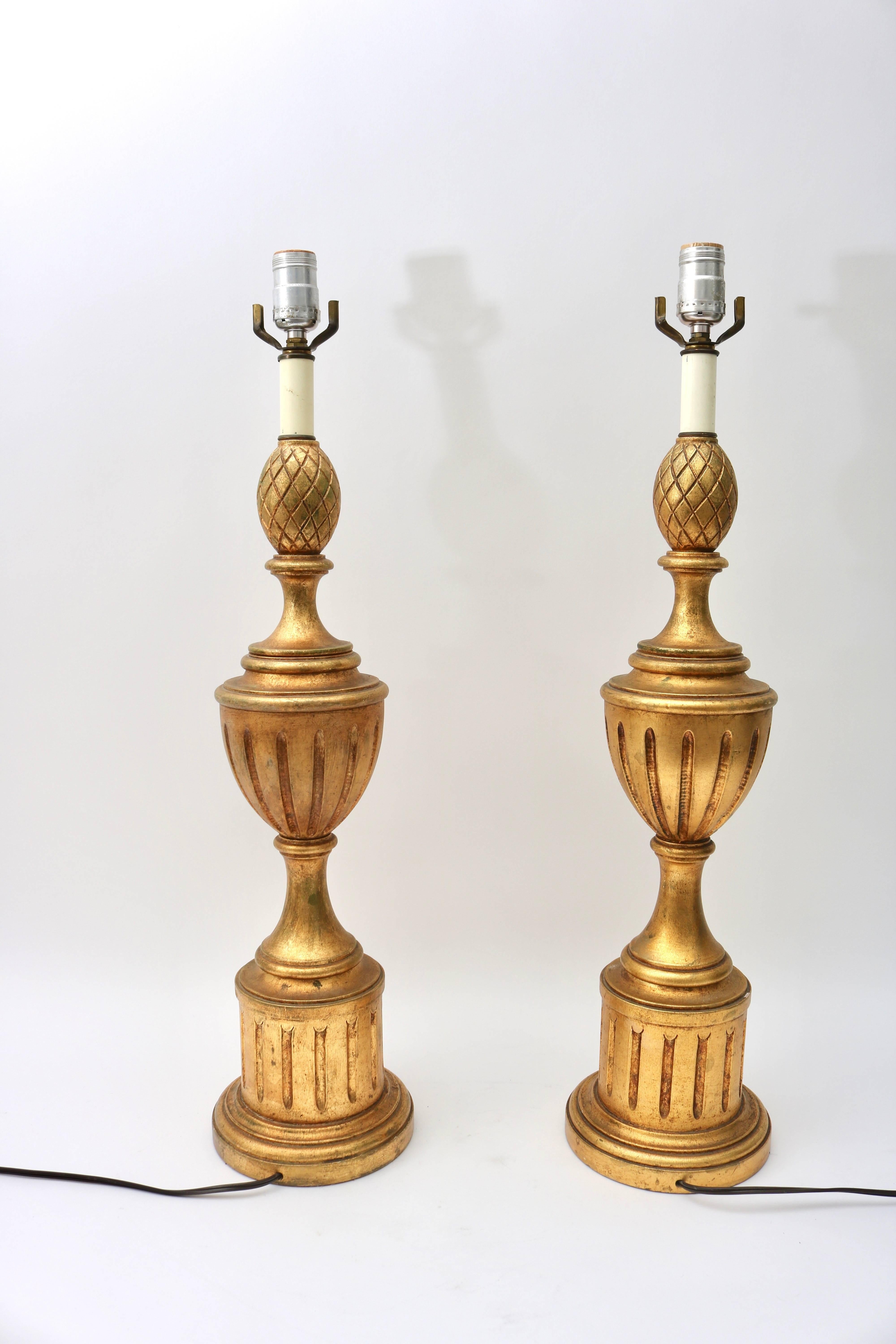 Hollywood Regency Pair of Louis XVI Style Urn-Form Table Lamps in a Bright, Antique Gold Finish