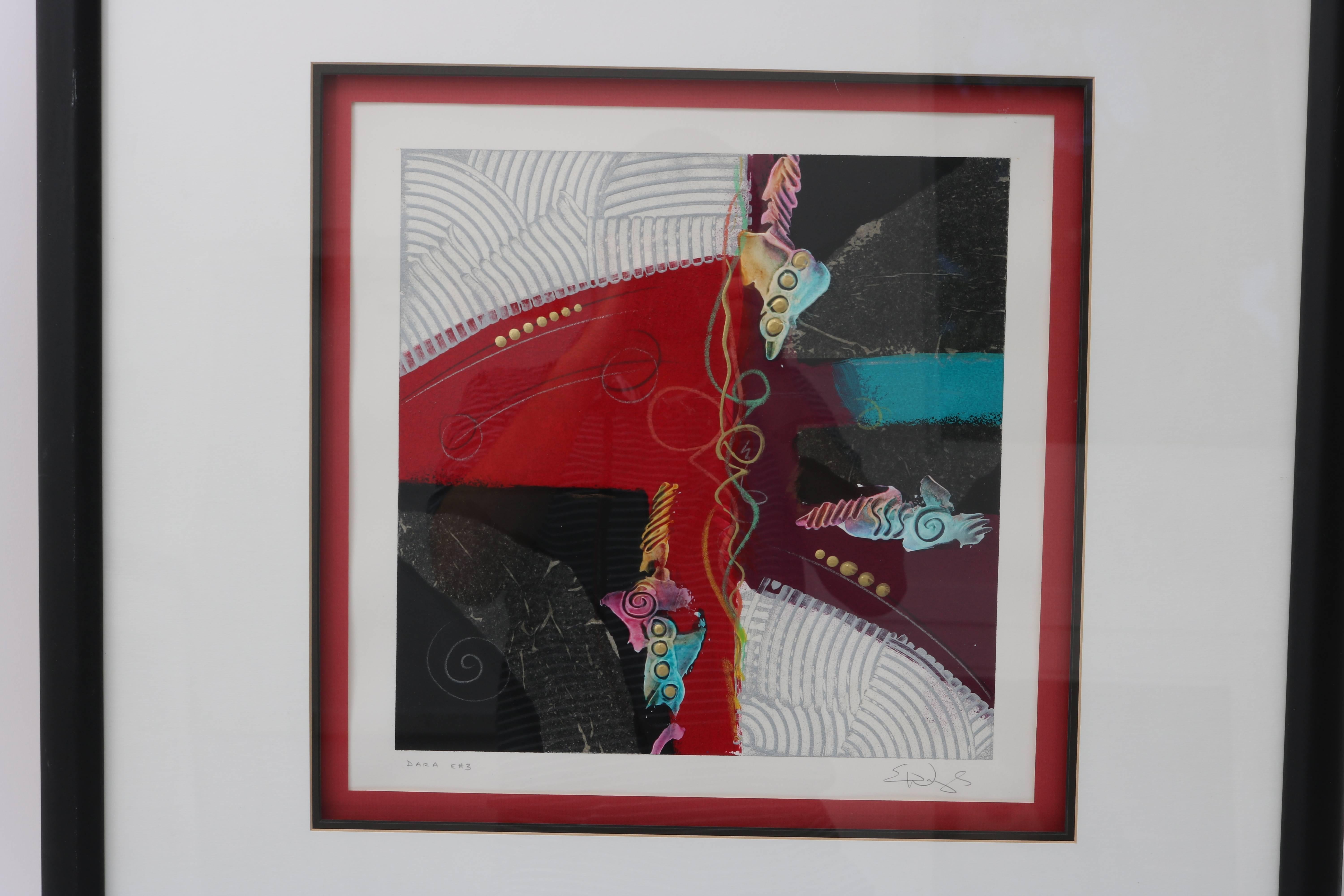 This bold and stylish mixed-media painting will make a definite statement with is composition and coloration.

Note: This piece has been professionally framed using archival materials.

Note: Title: Dara E # 3 

Note: Image dimensions are