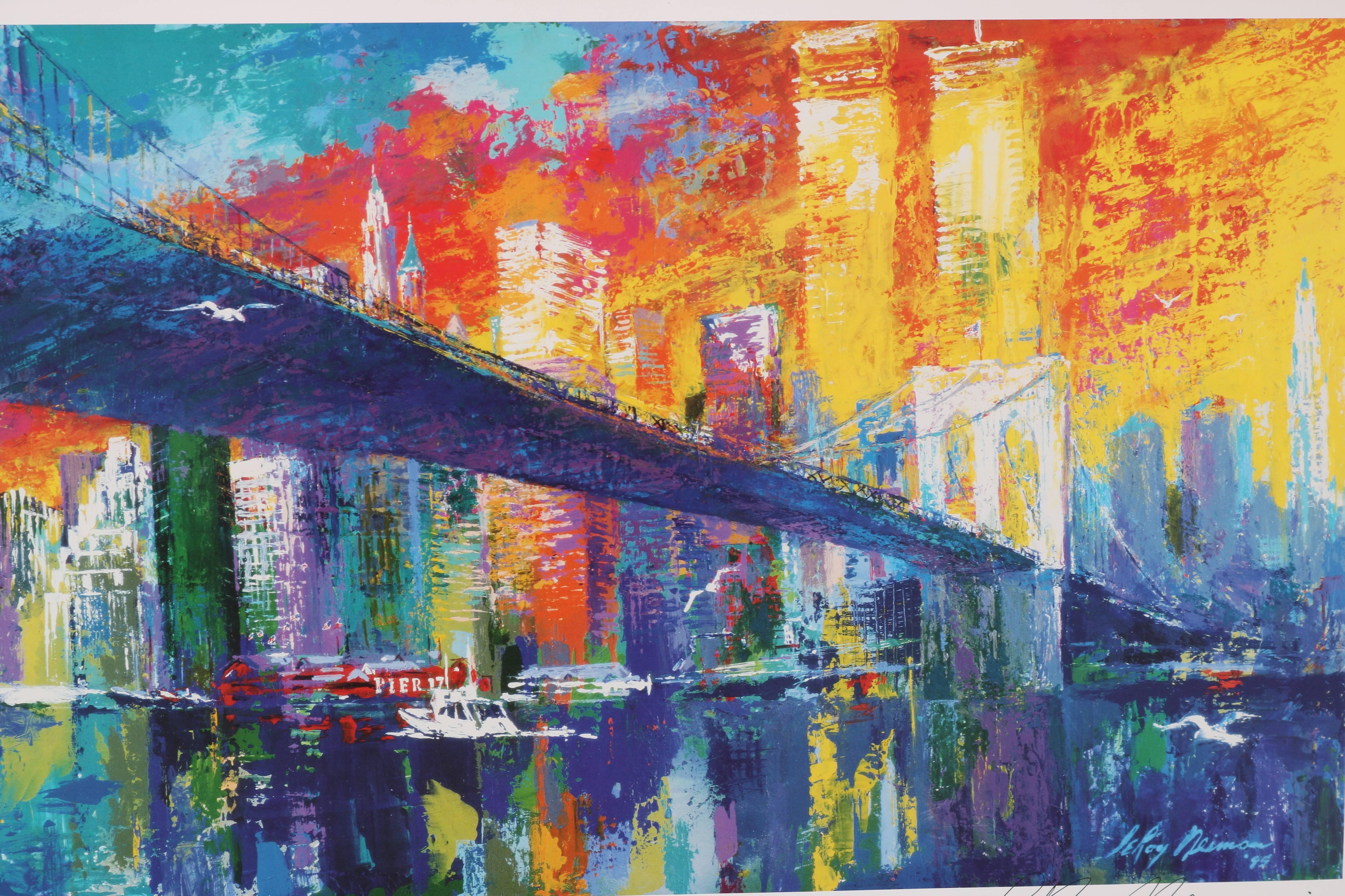 This signed lithograph by the American artist LeRoy Neiman captures the iconic Brooklyn bridge in a flurry of colors and emotion and it will make a statement in you home or office.

Note: Image 12