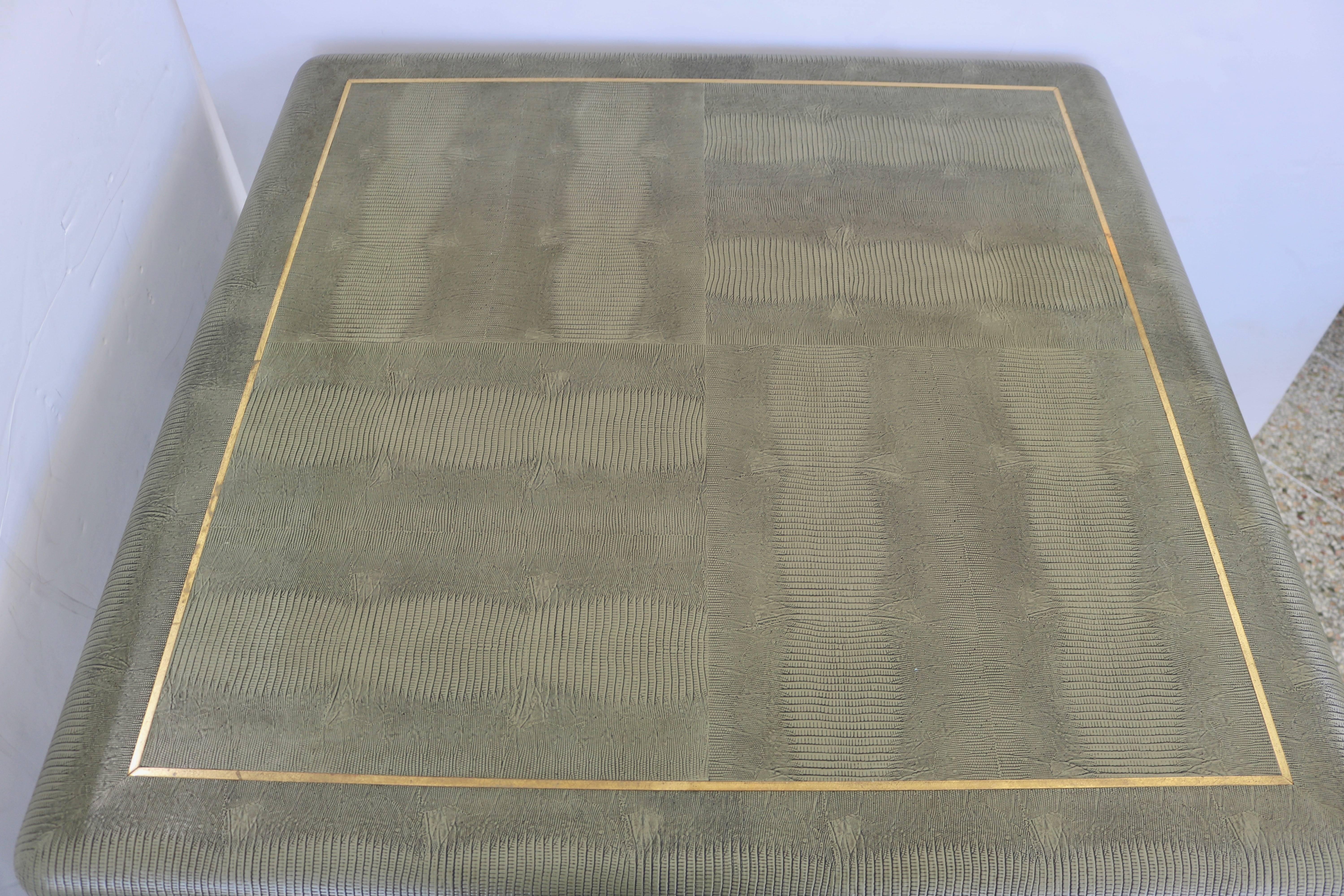 Modern Karl Springer Game Table in Green Faux Lizard with Brass Trim, circa 1986