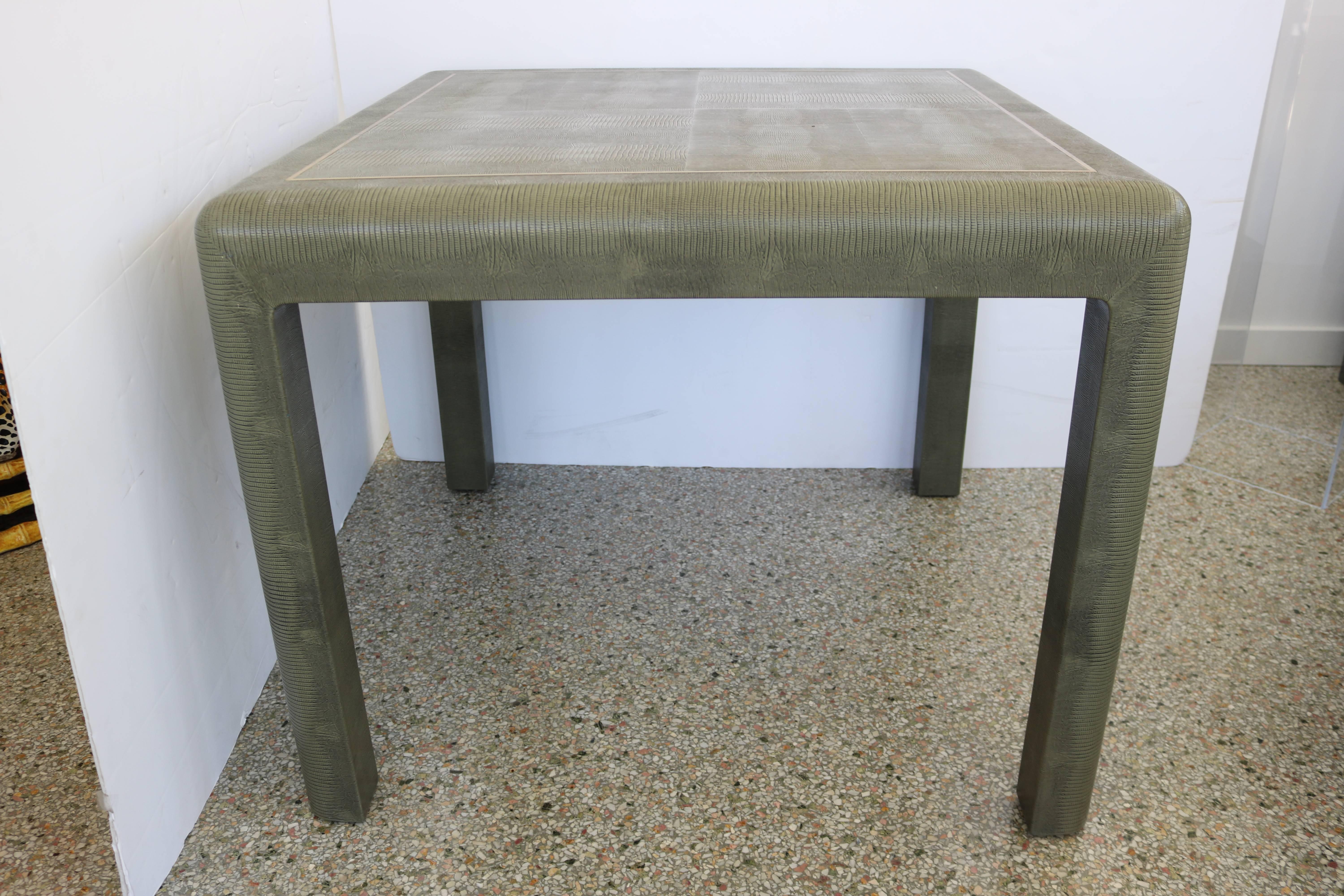 Karl Springer Game Table in Green Faux Lizard with Brass Trim, circa 1986 1