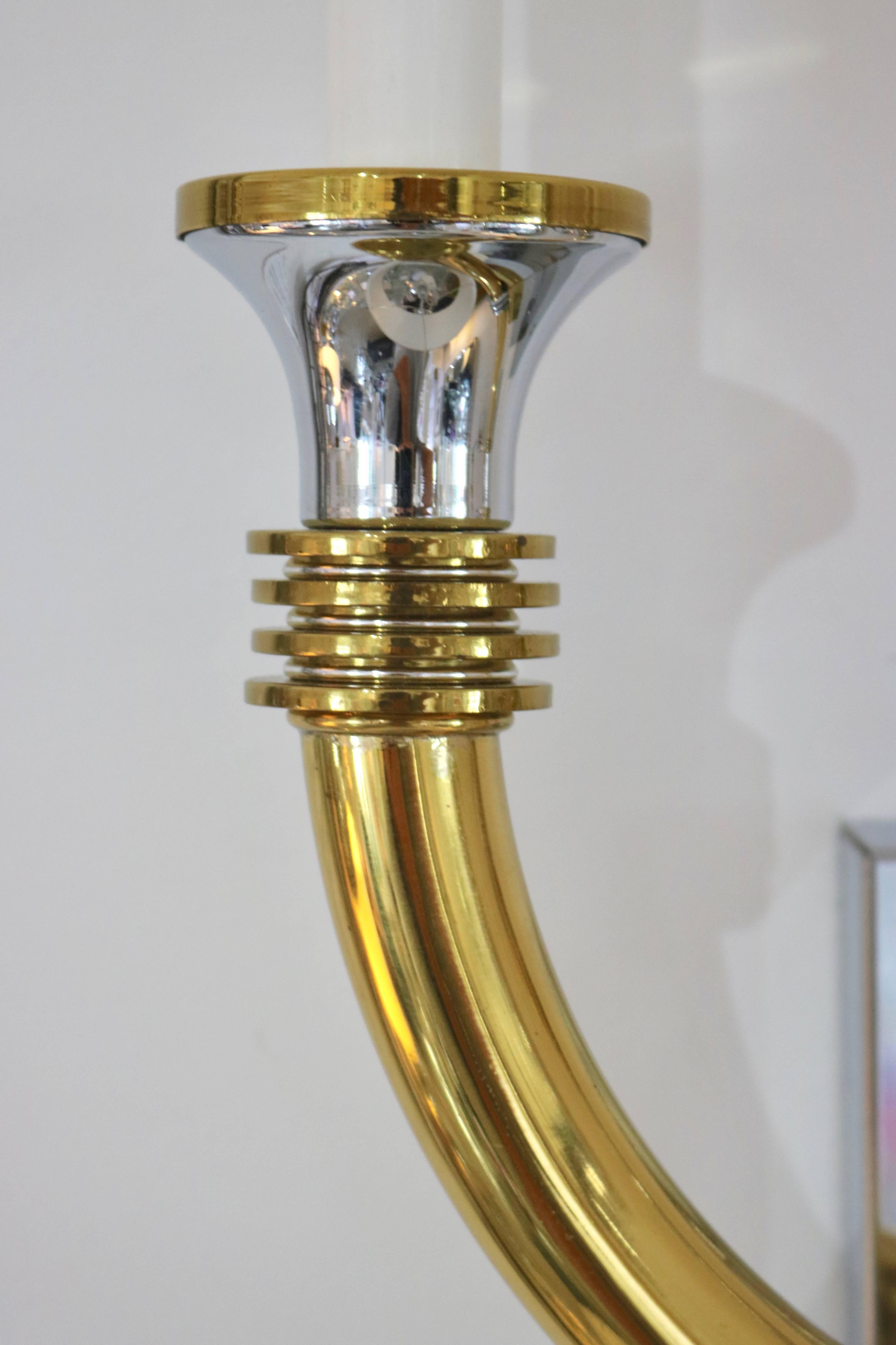 20th Century Pair Art Deco Style Wall Sconces in Polished Chrome and Brass