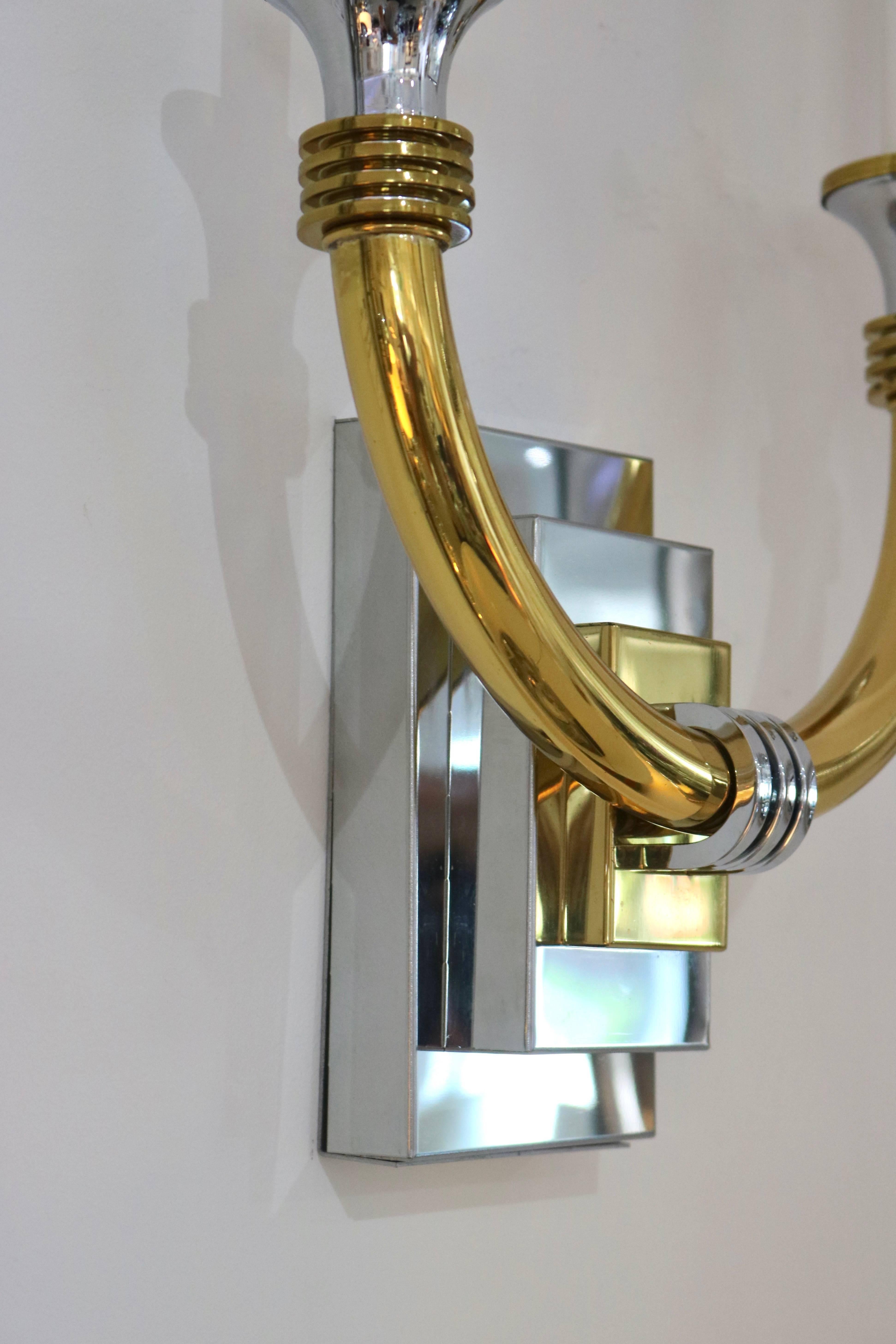 Pair Art Deco Style Wall Sconces in Polished Chrome and Brass 1