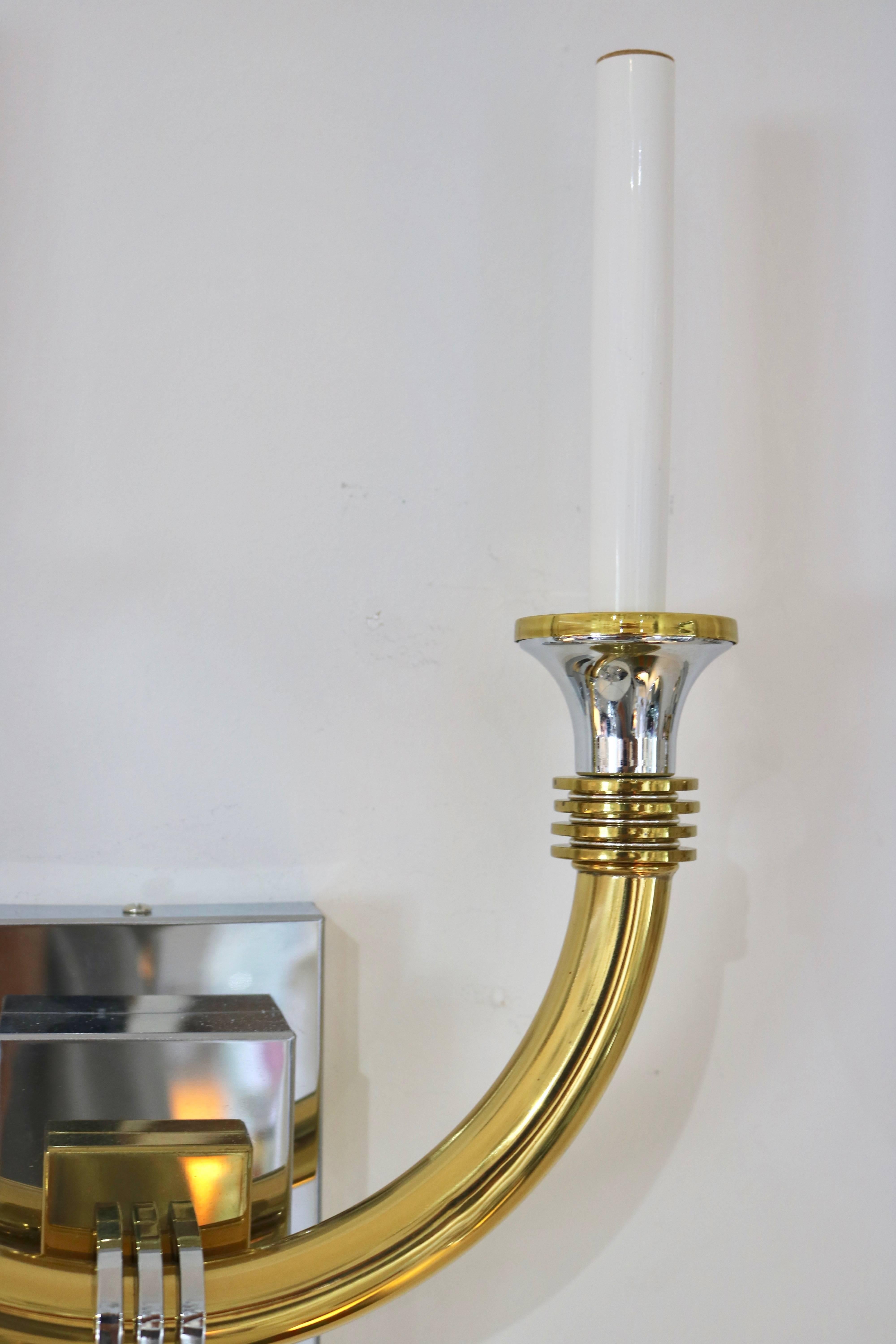 Pair Art Deco Style Wall Sconces in Polished Chrome and Brass 2
