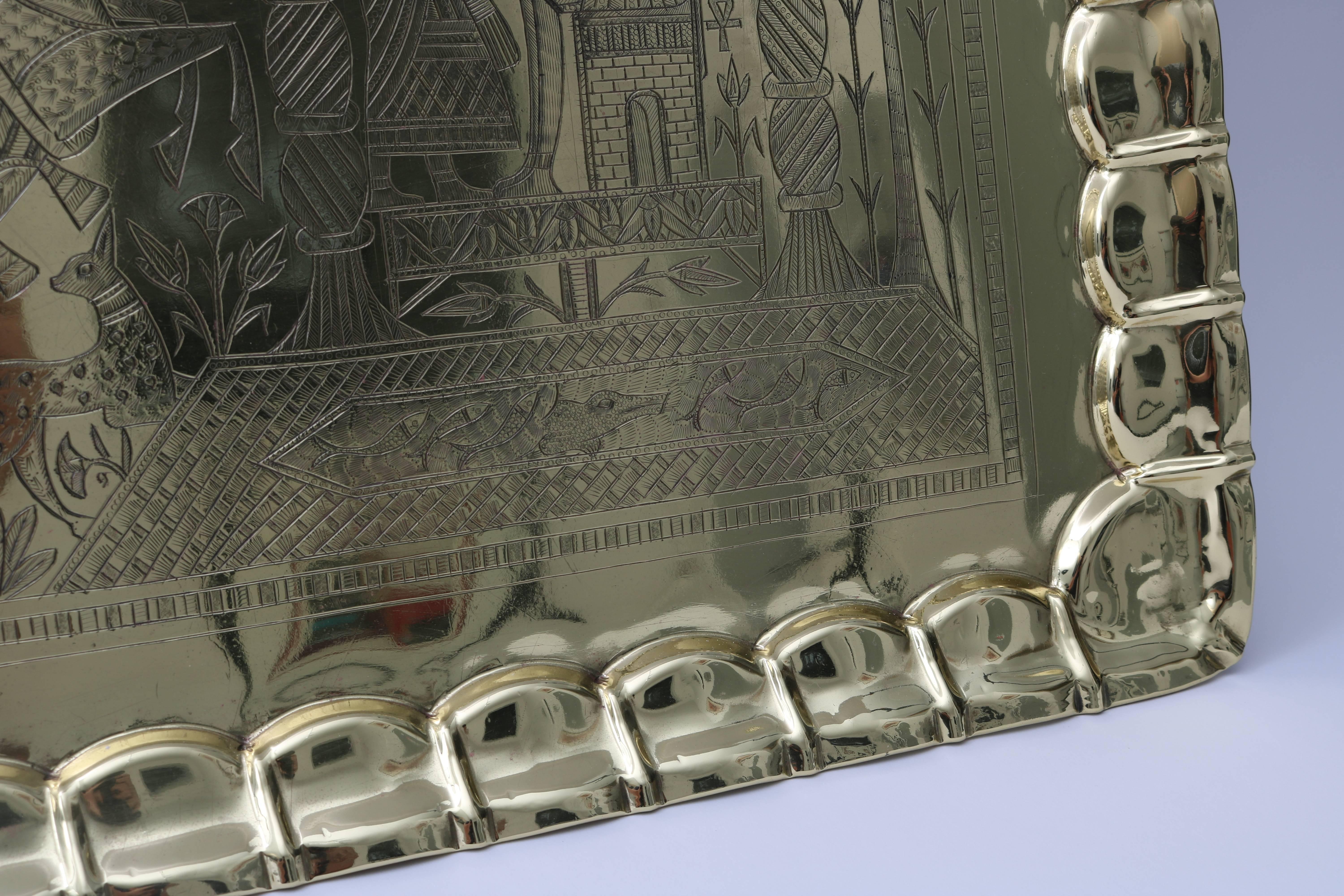 20th Century 1920s, Art Deco Egyptian-Revival, Rectangular Brass Tray
