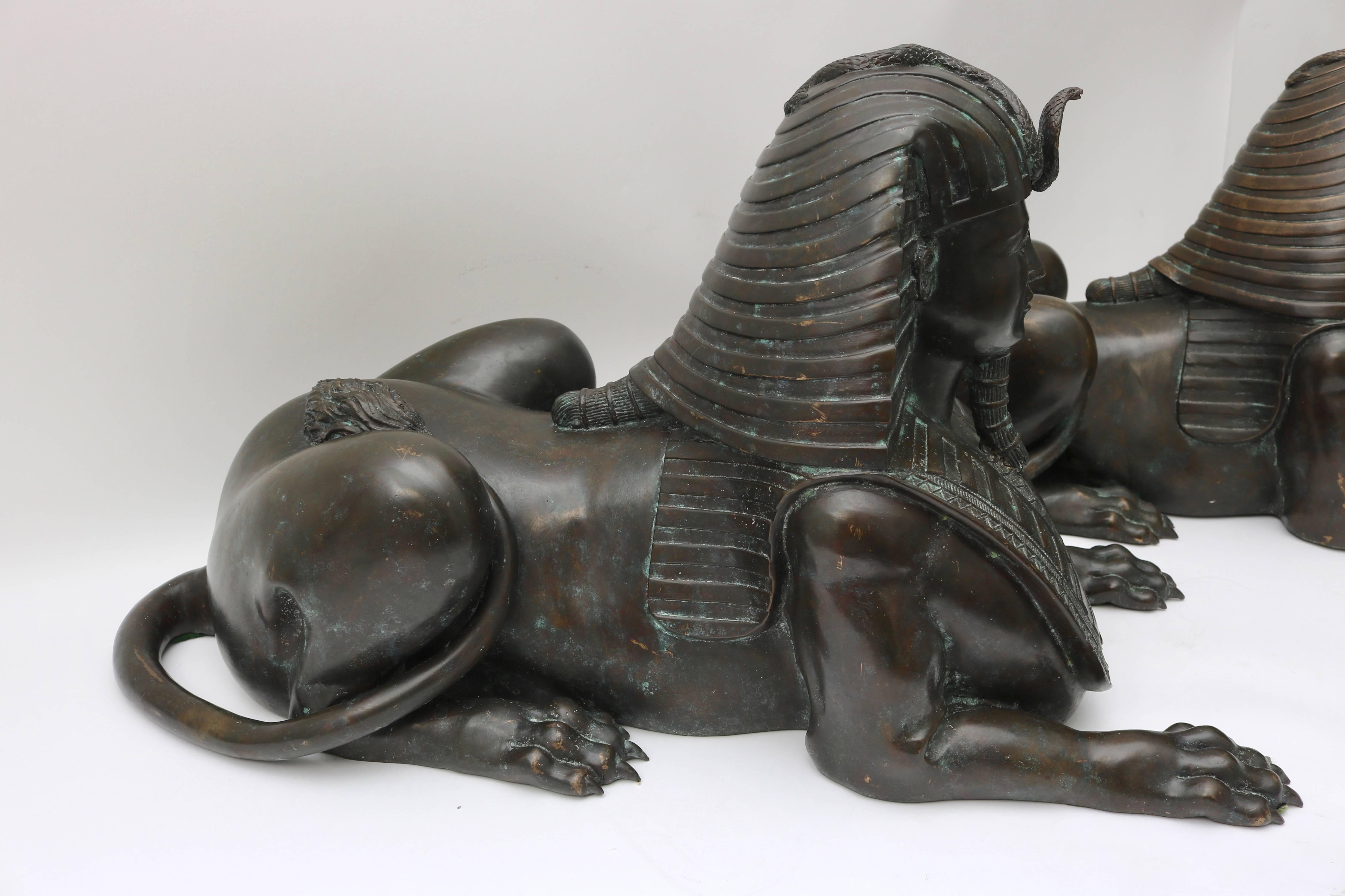 Pair of French Empire Revival Bronze Sphinx Sculptures In Good Condition In West Palm Beach, FL