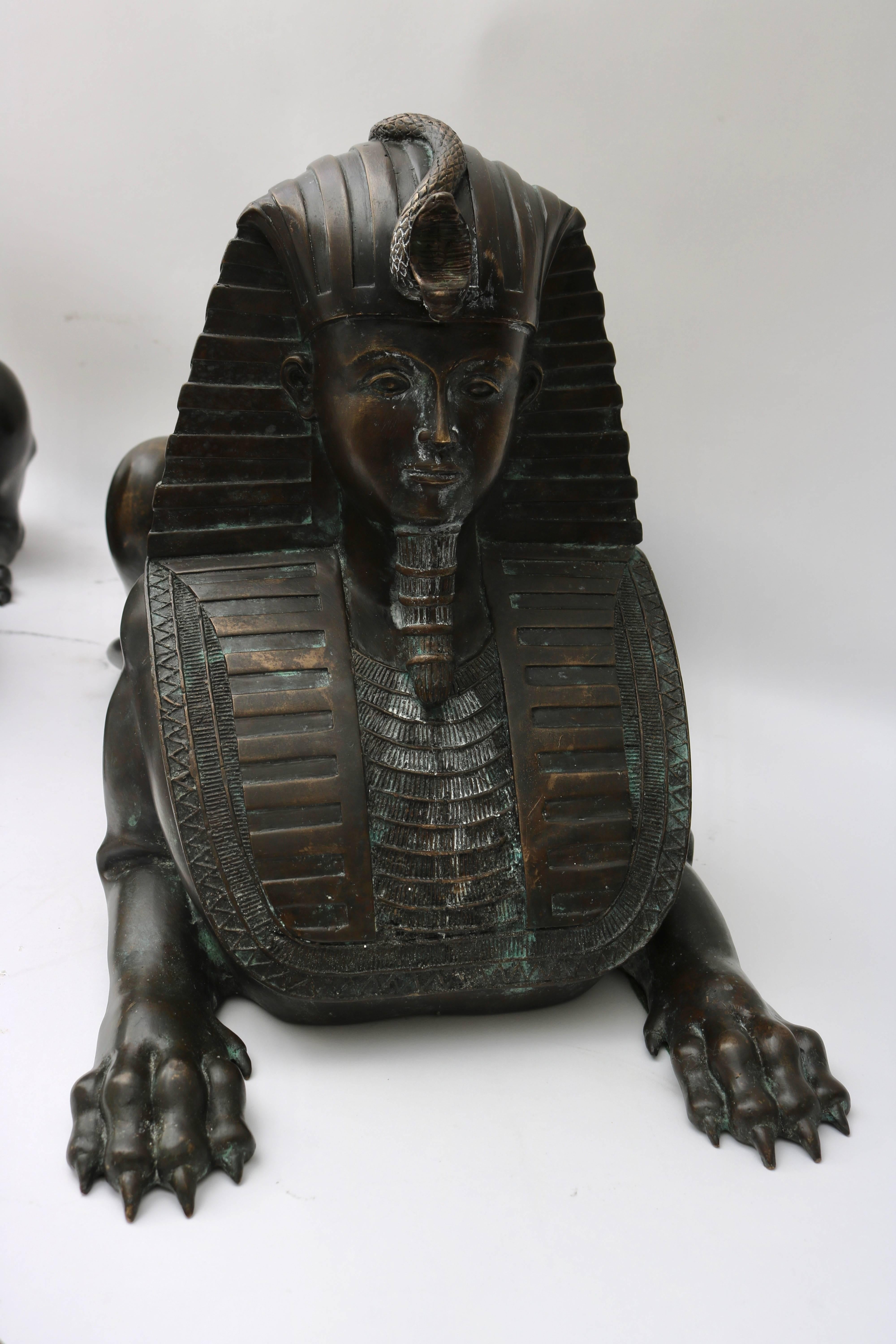 Cast Pair of French Empire Revival Bronze Sphinx Sculptures