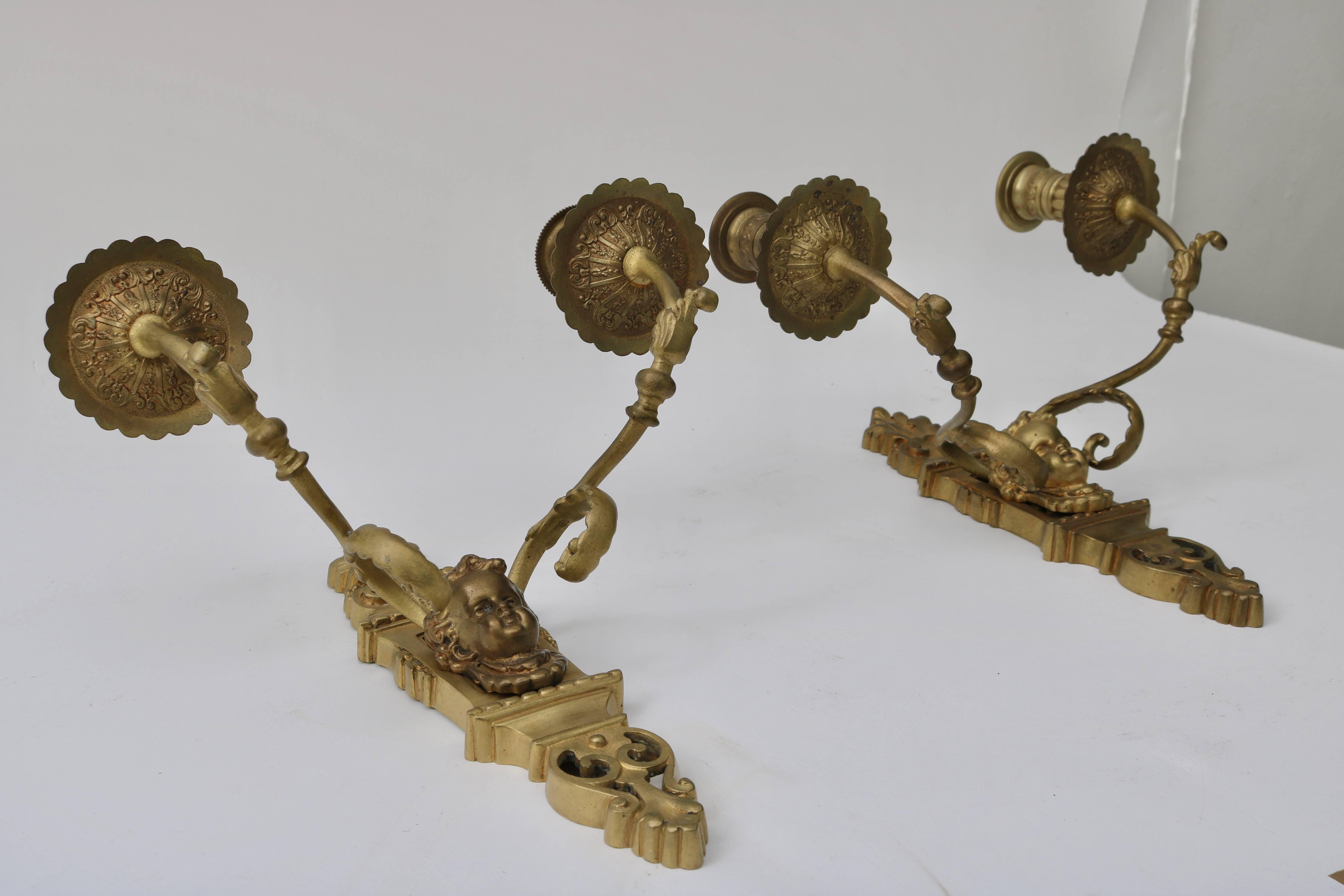 Pair of Louis XVI Style Bonze, French, Wall Sconces with Cherubs In Good Condition In West Palm Beach, FL