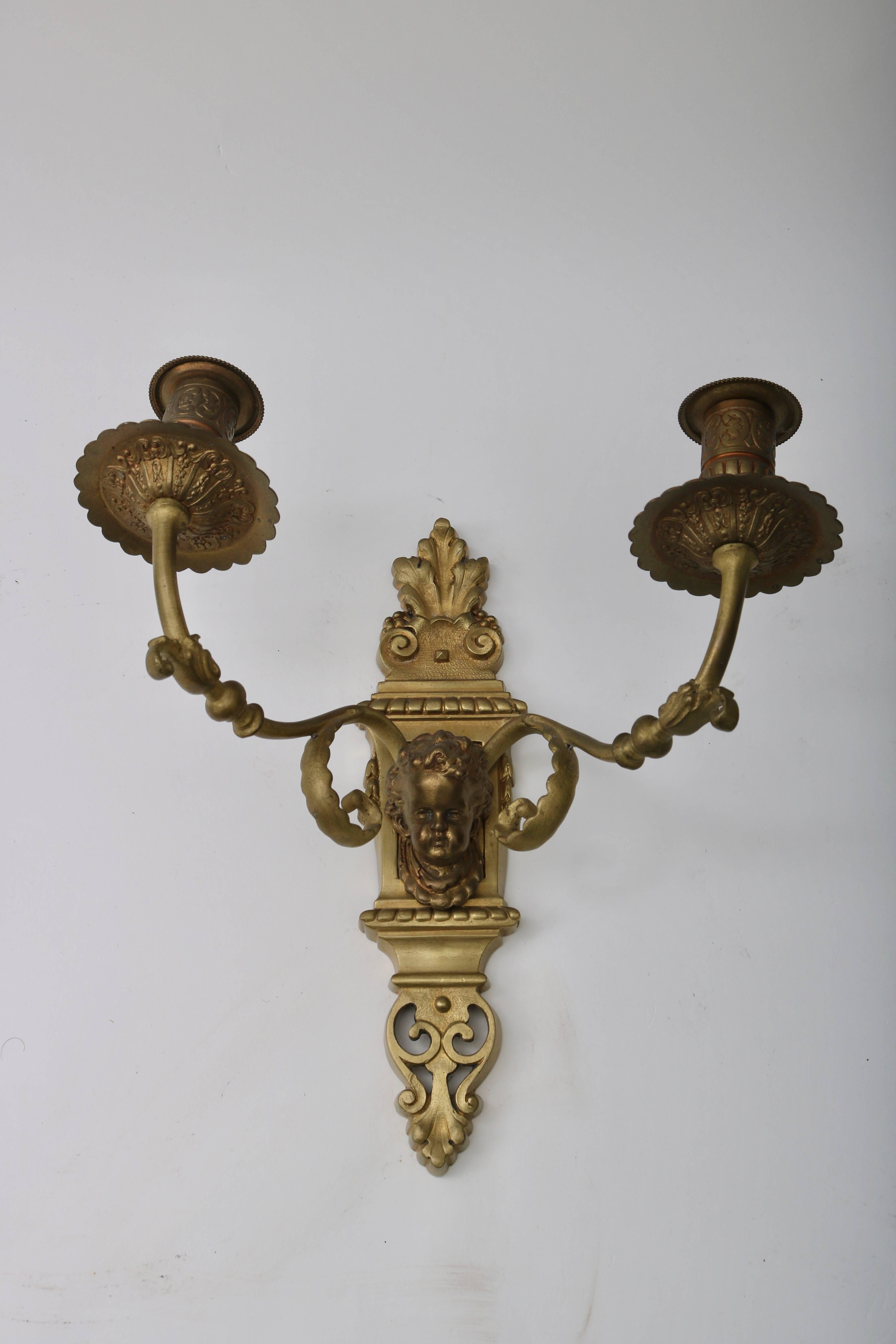 Cast Pair of Louis XVI Style Bonze, French, Wall Sconces with Cherubs