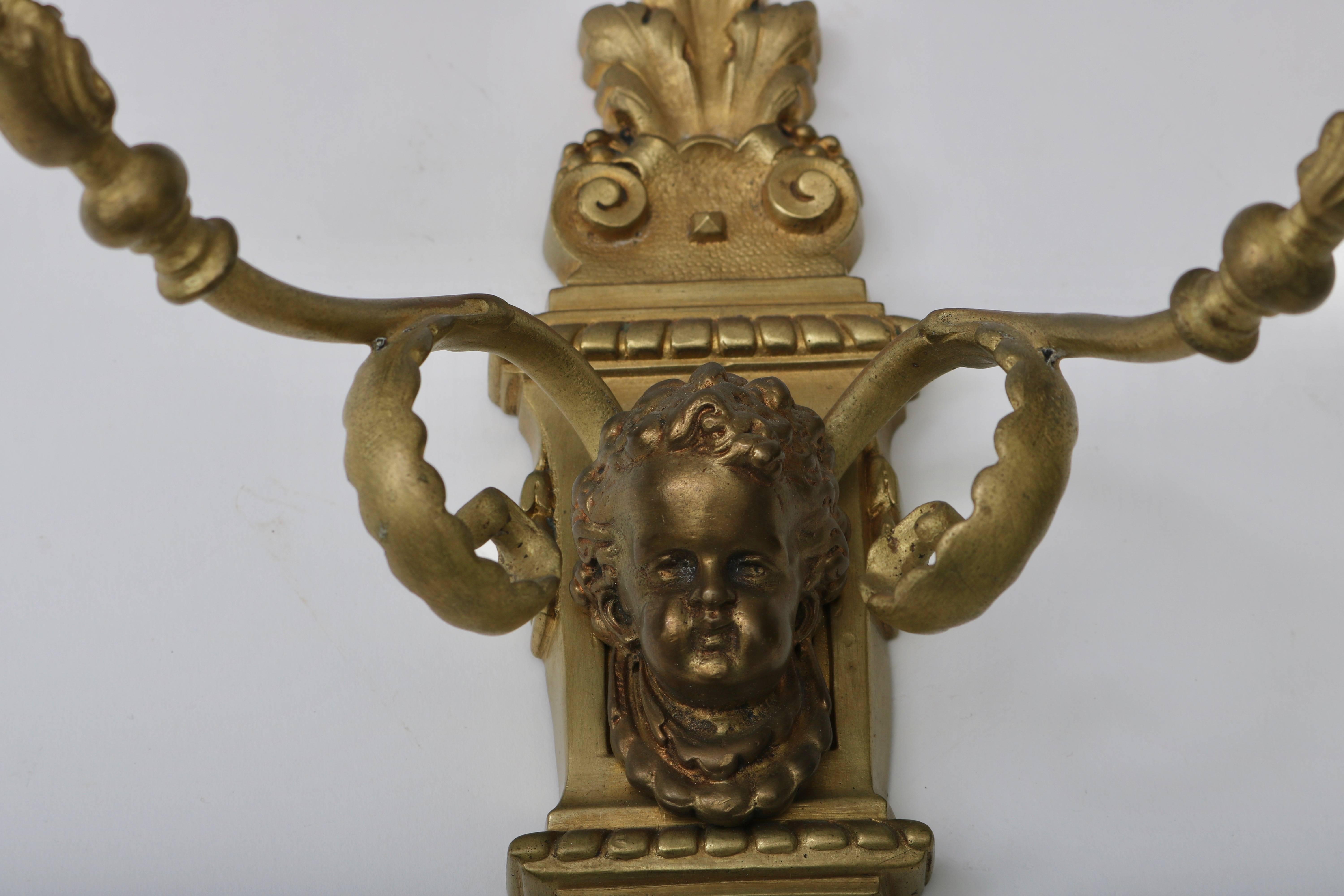 Bronze Pair of Louis XVI Style Bonze, French, Wall Sconces with Cherubs