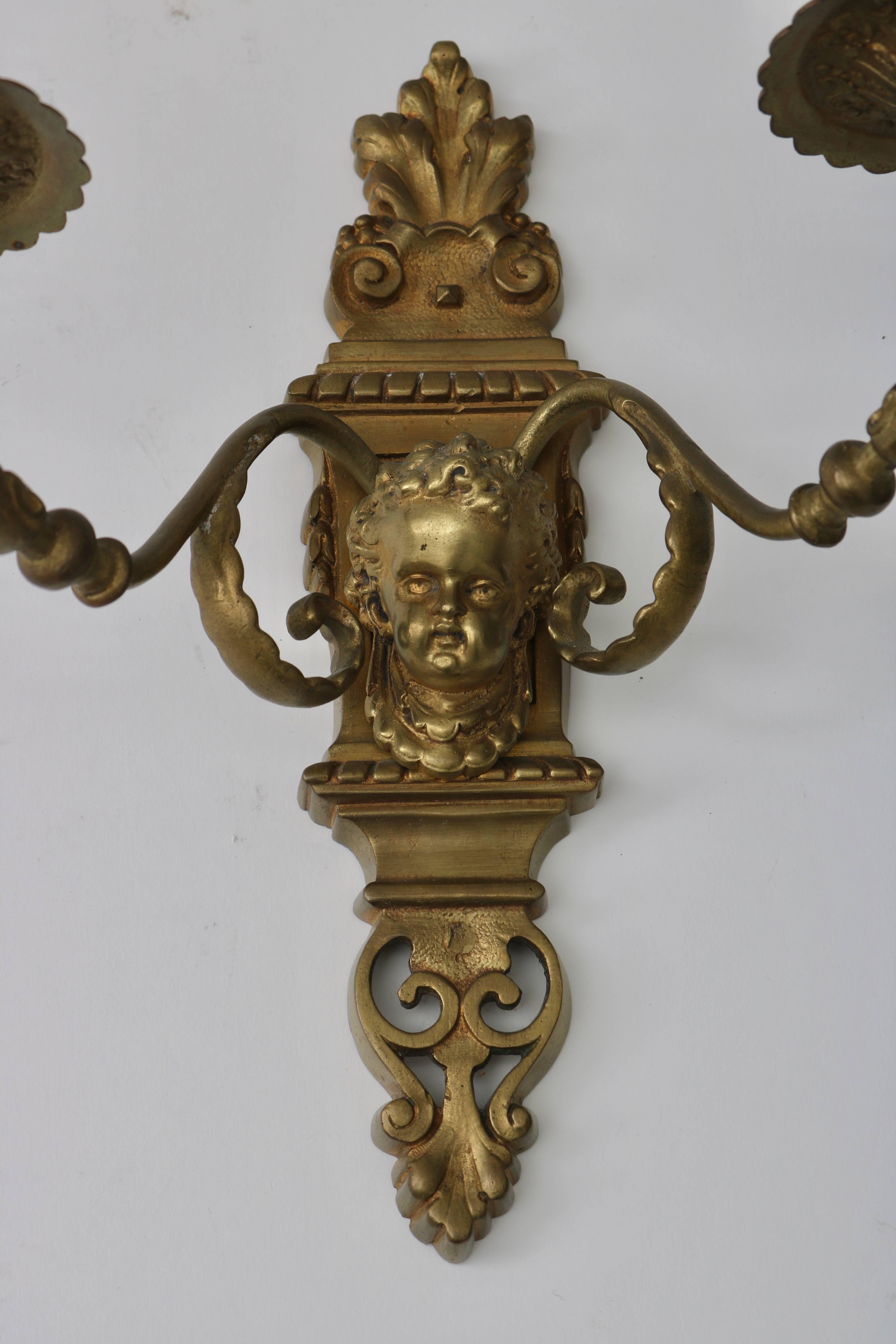 Pair of Louis XVI Style Bonze, French, Wall Sconces with Cherubs 3
