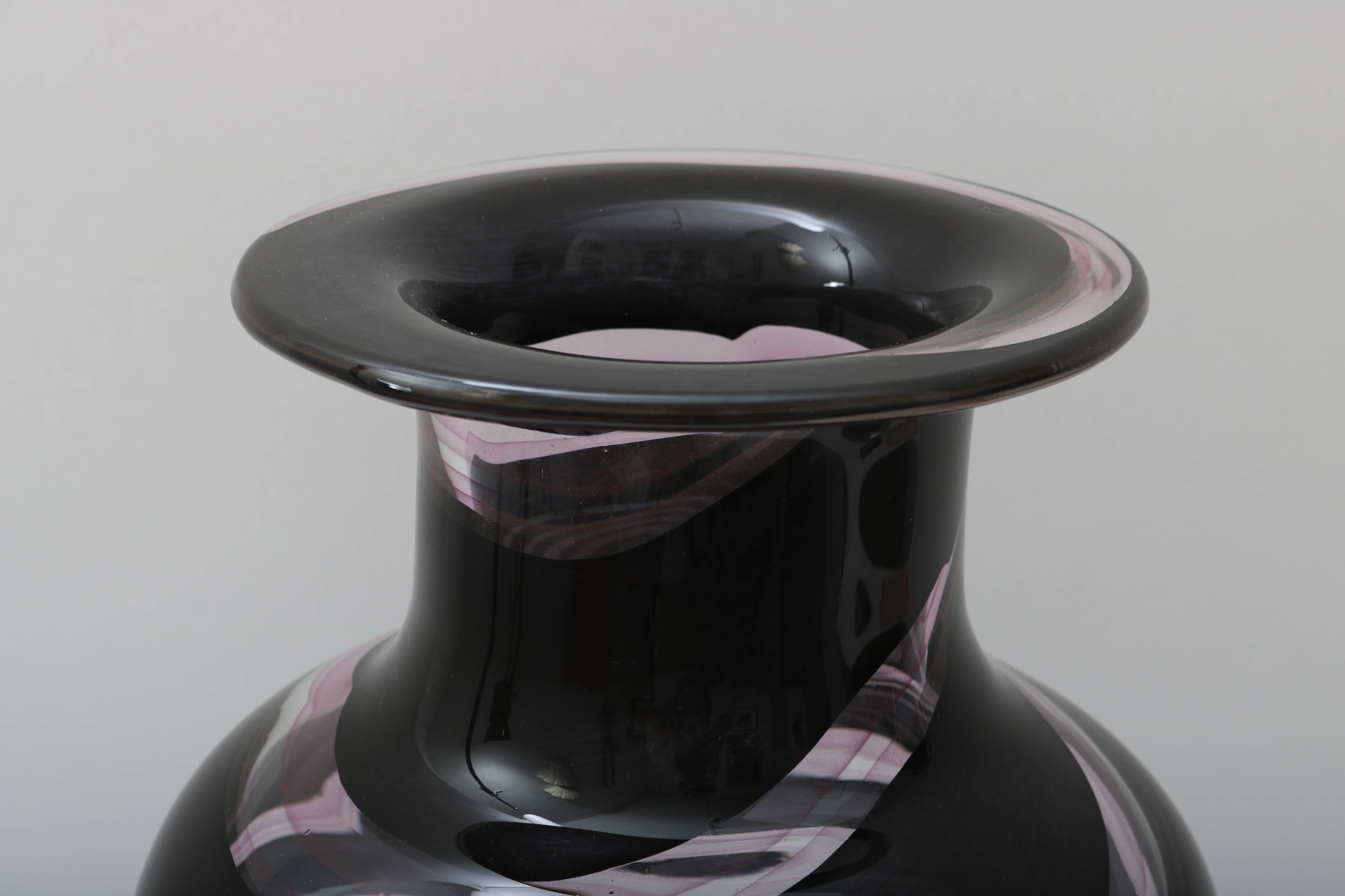 Italian Murano Glass Vase with Swirl Ribbon Motif in Clear and Dark Aubergine Color