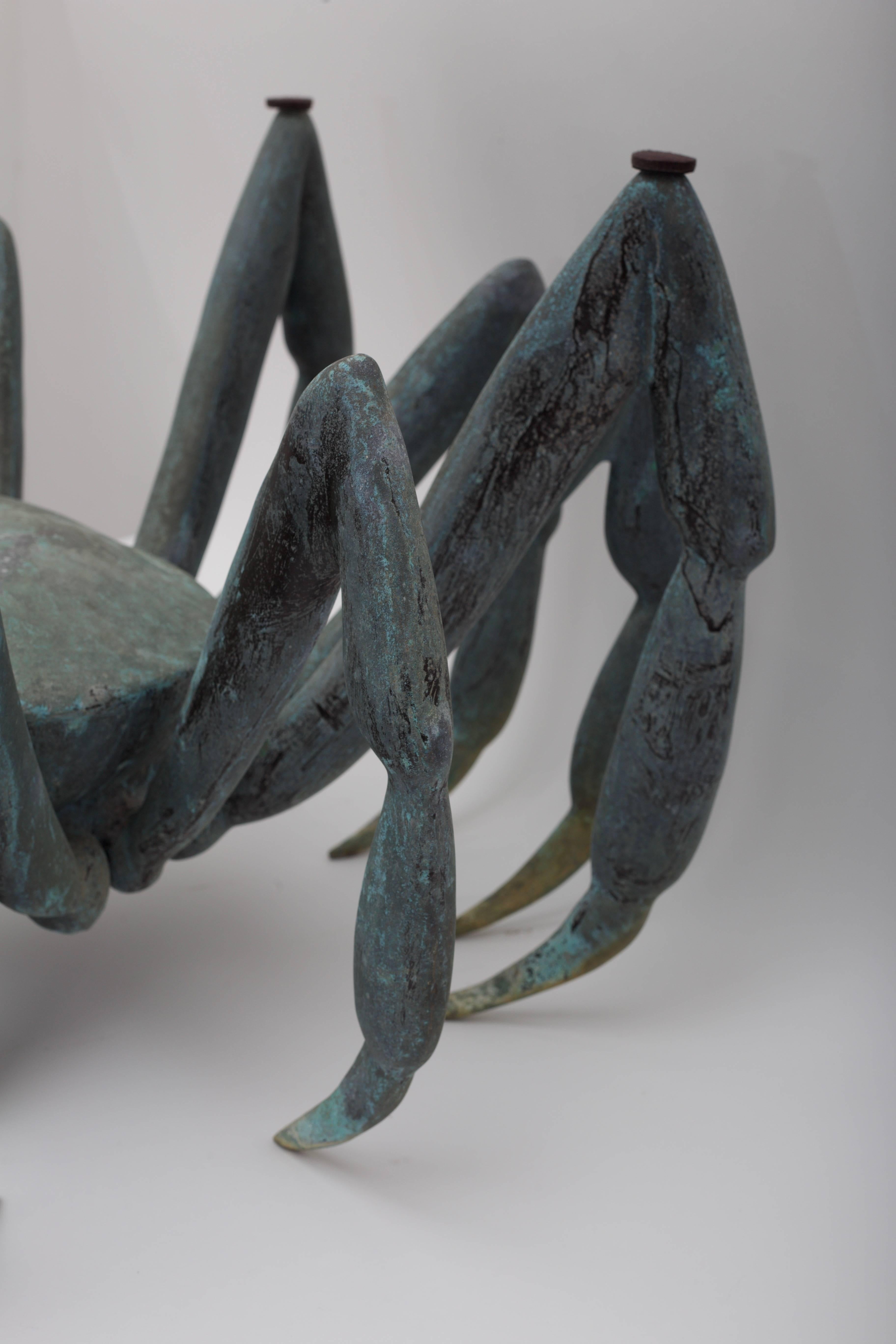 Organic Modern Bronze Crab-Form Sculpture with Round Glass Top as a Cocktail Table