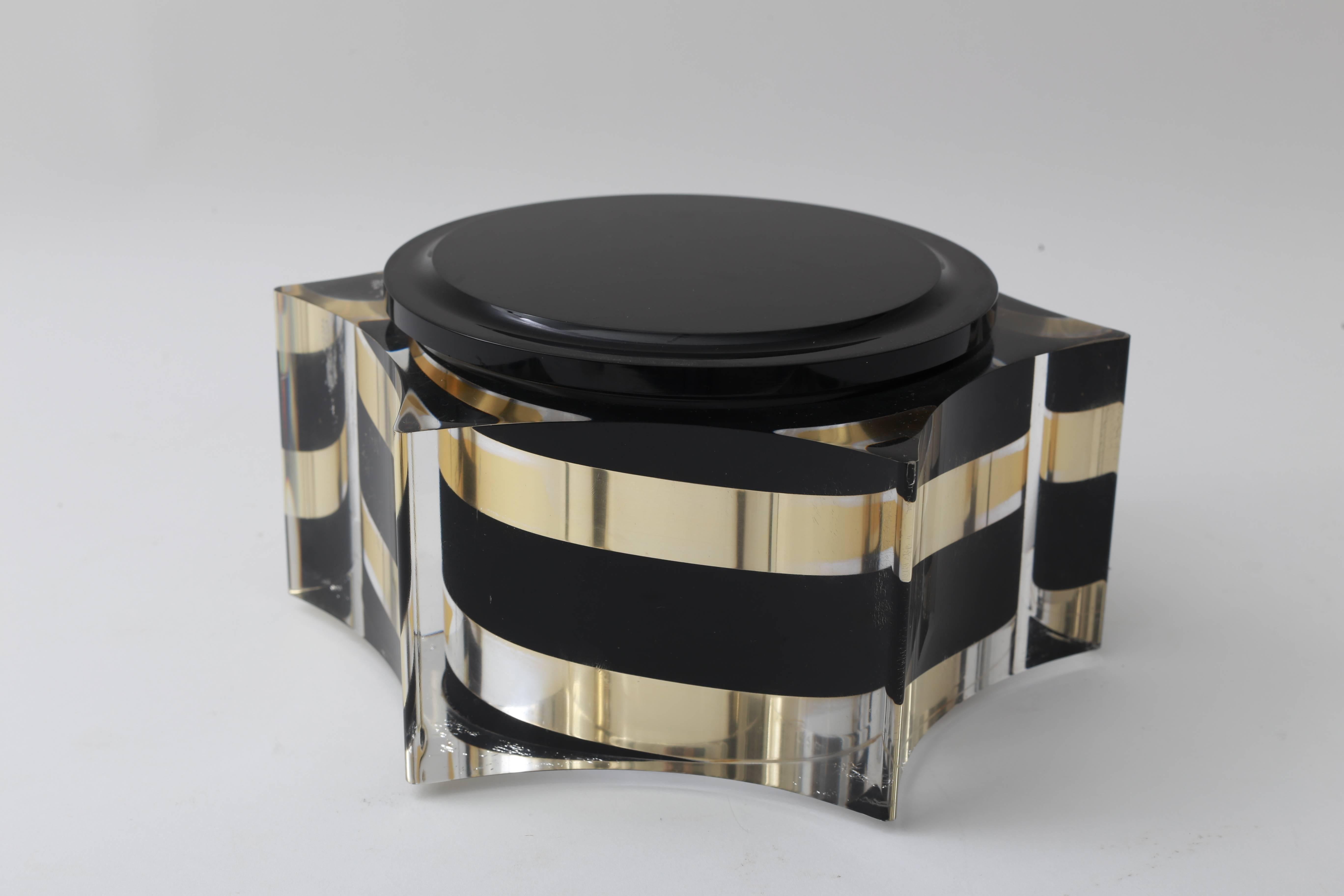 Italian Scalloped Box in Clear, Black and Gold Lucite in the Style of Willy Rizzo