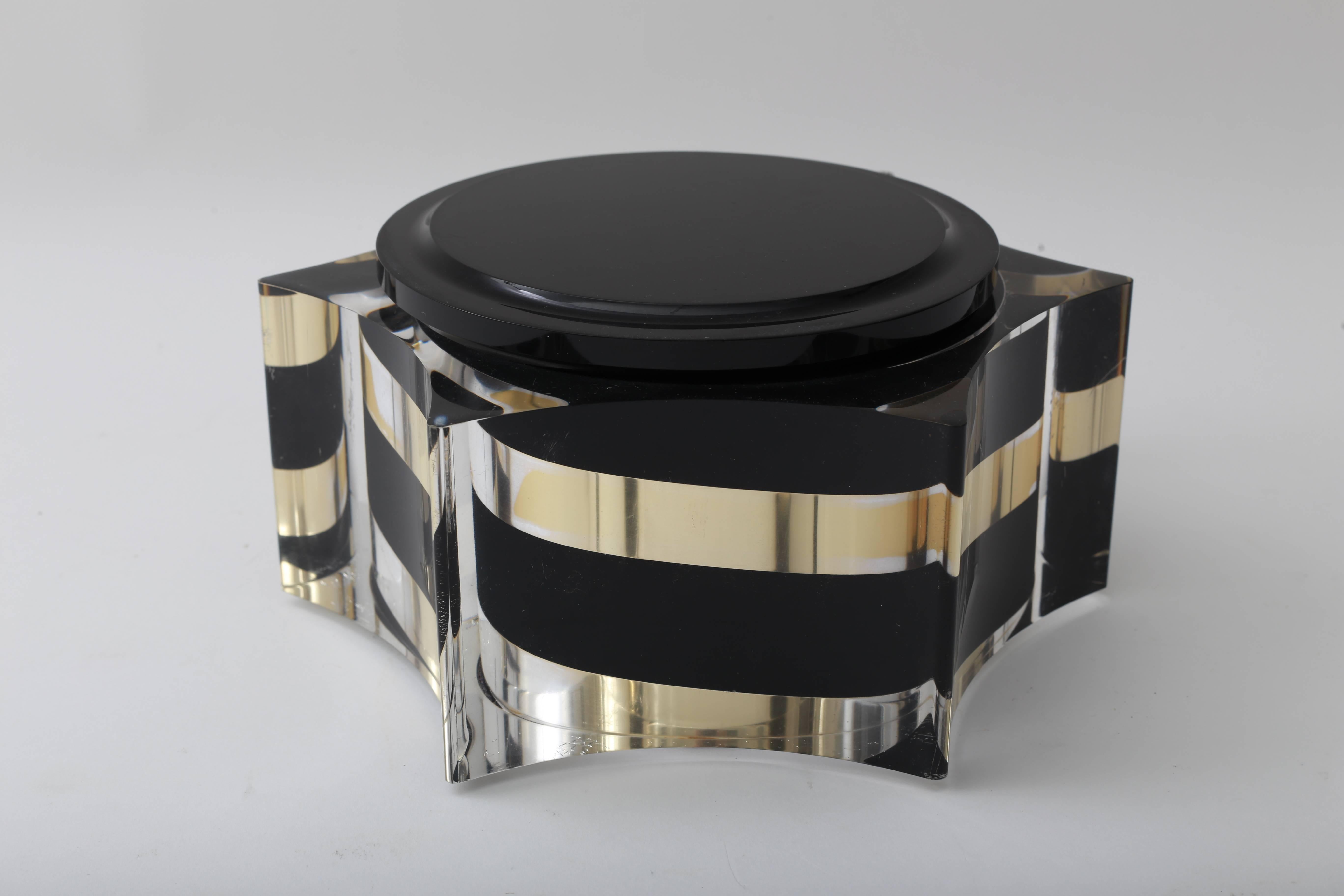 Hollywood Regency Scalloped Box in Clear, Black and Gold Lucite in the Style of Willy Rizzo