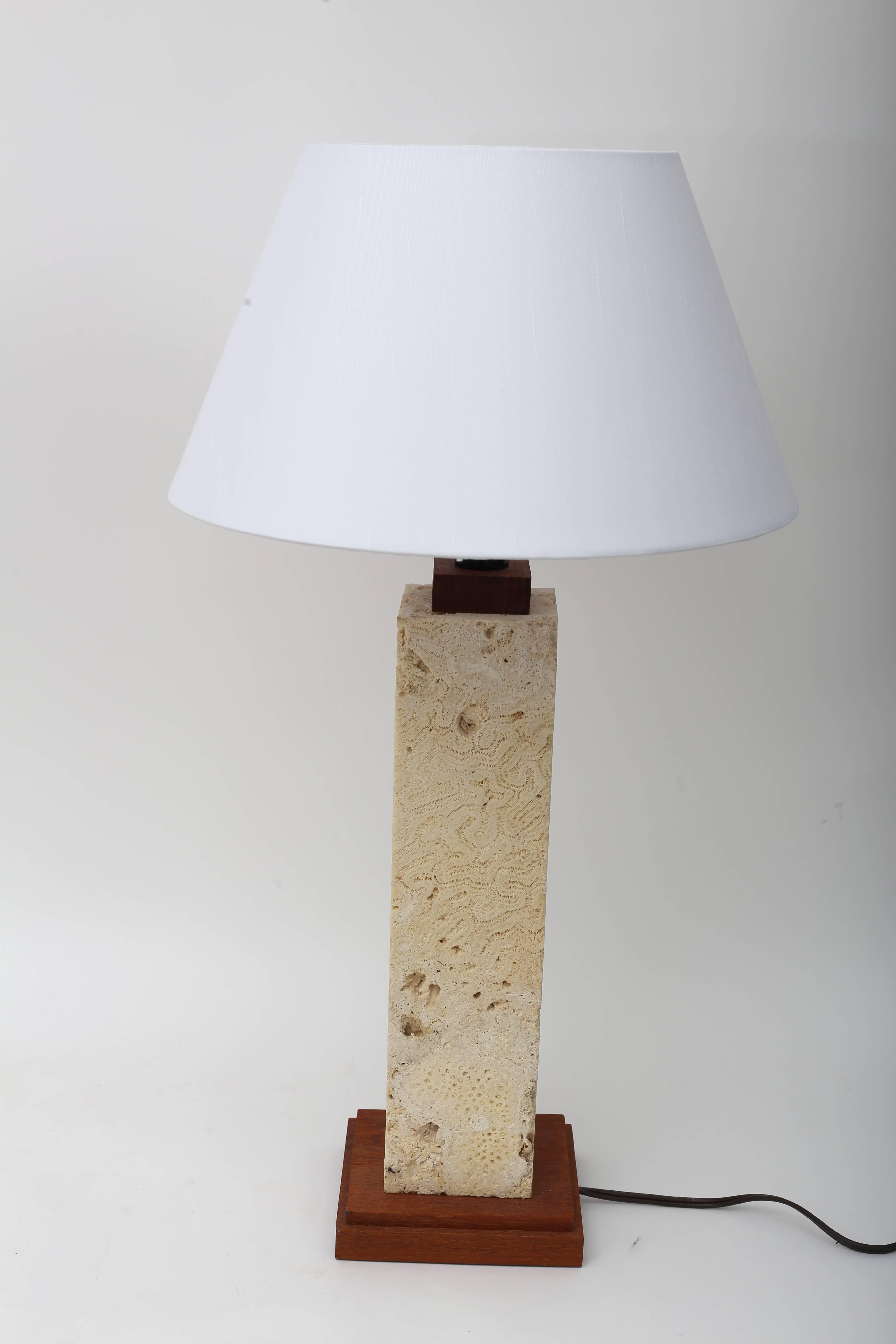 Modern Pair of Coquina Stone and Teak Table Lamp