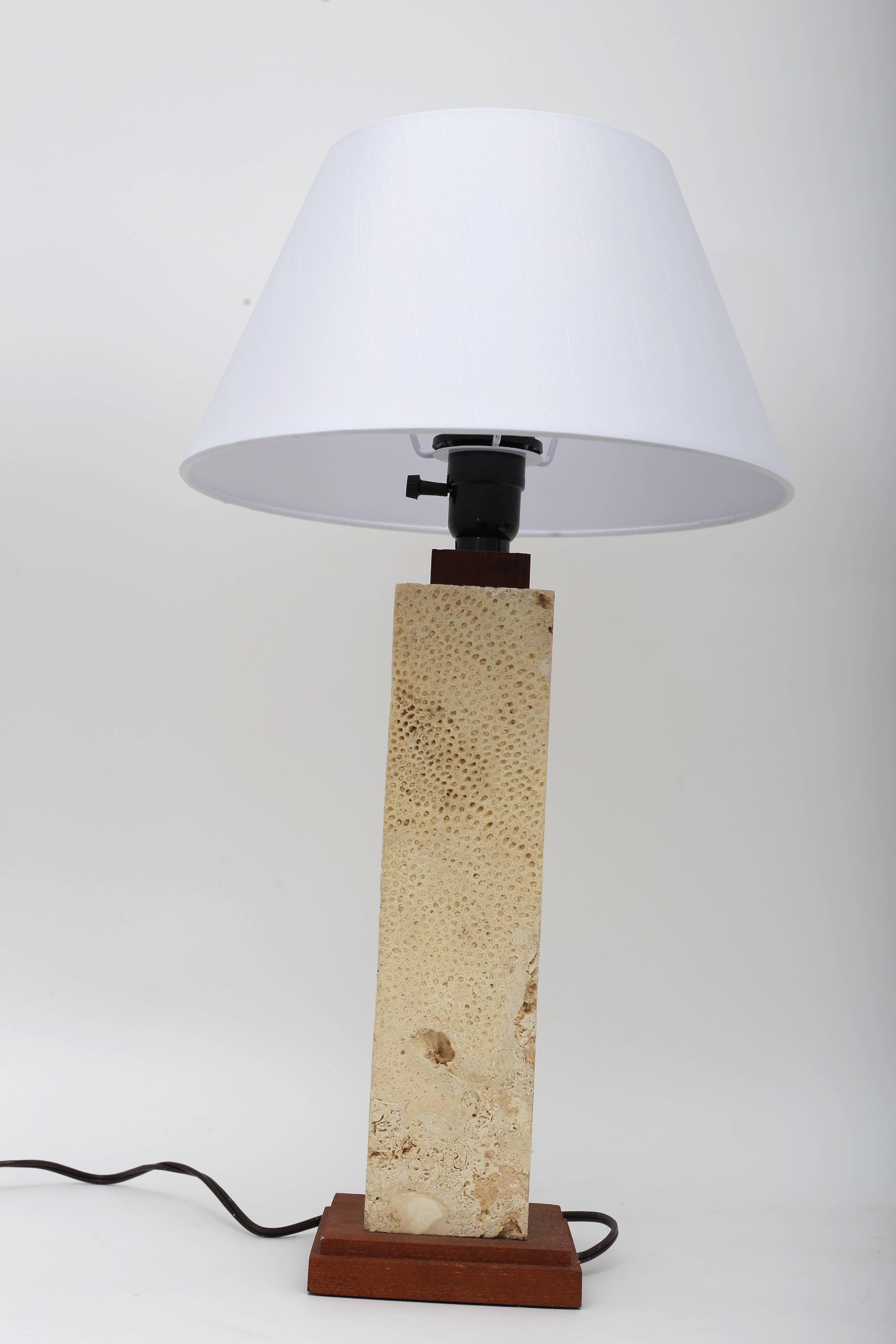 Pair of Coquina Stone and Teak Table Lamp In Good Condition In West Palm Beach, FL