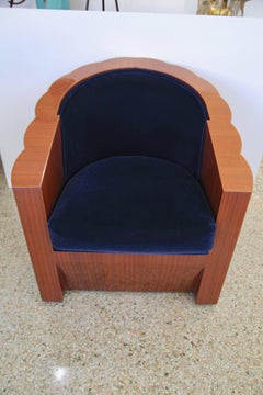 Art Deco Style Club Chair in Mahogany Wood and Blue Mohair Upholstery