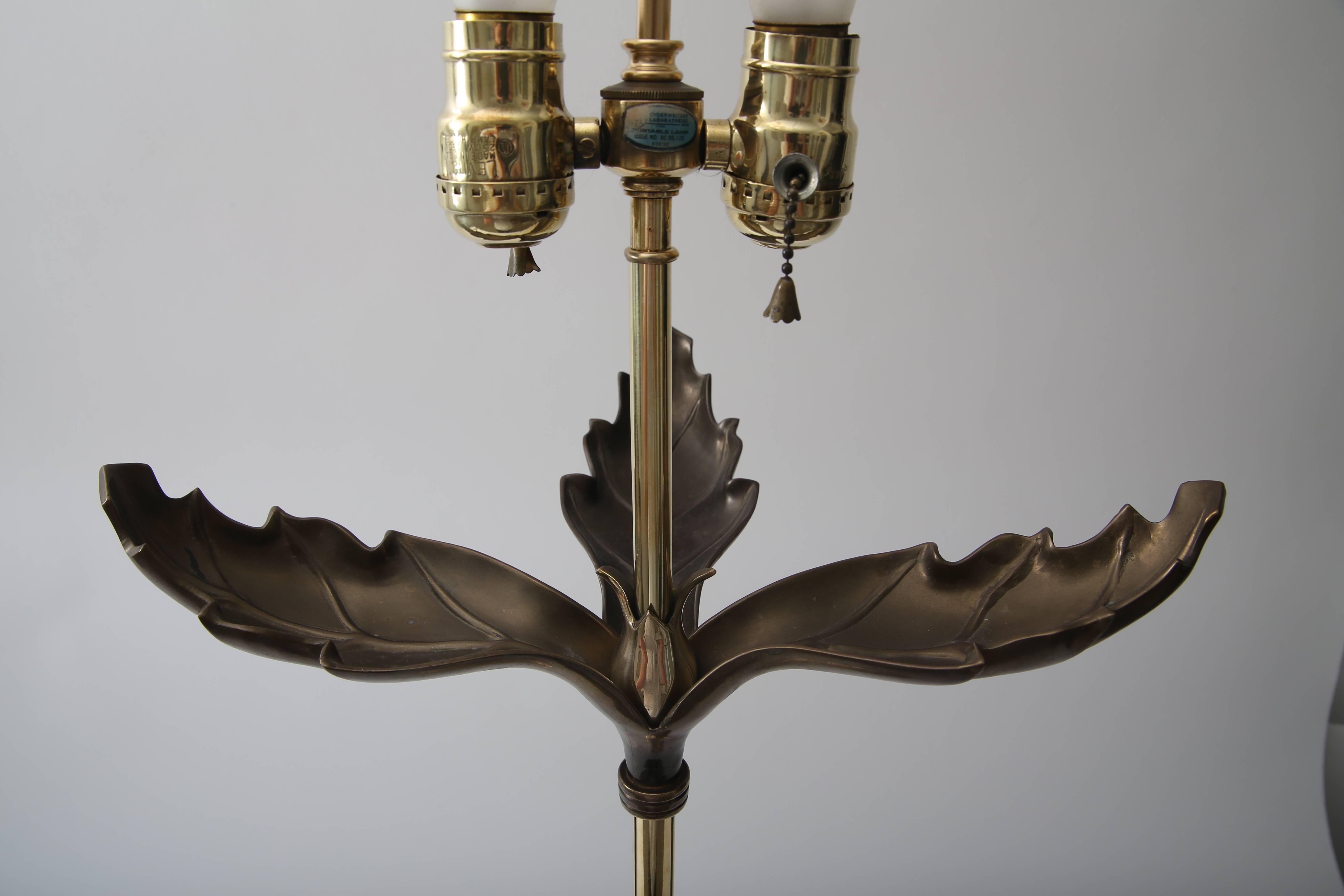 American  Table Lamp in Polished and Antique Brass with a Mica Shade For Sale