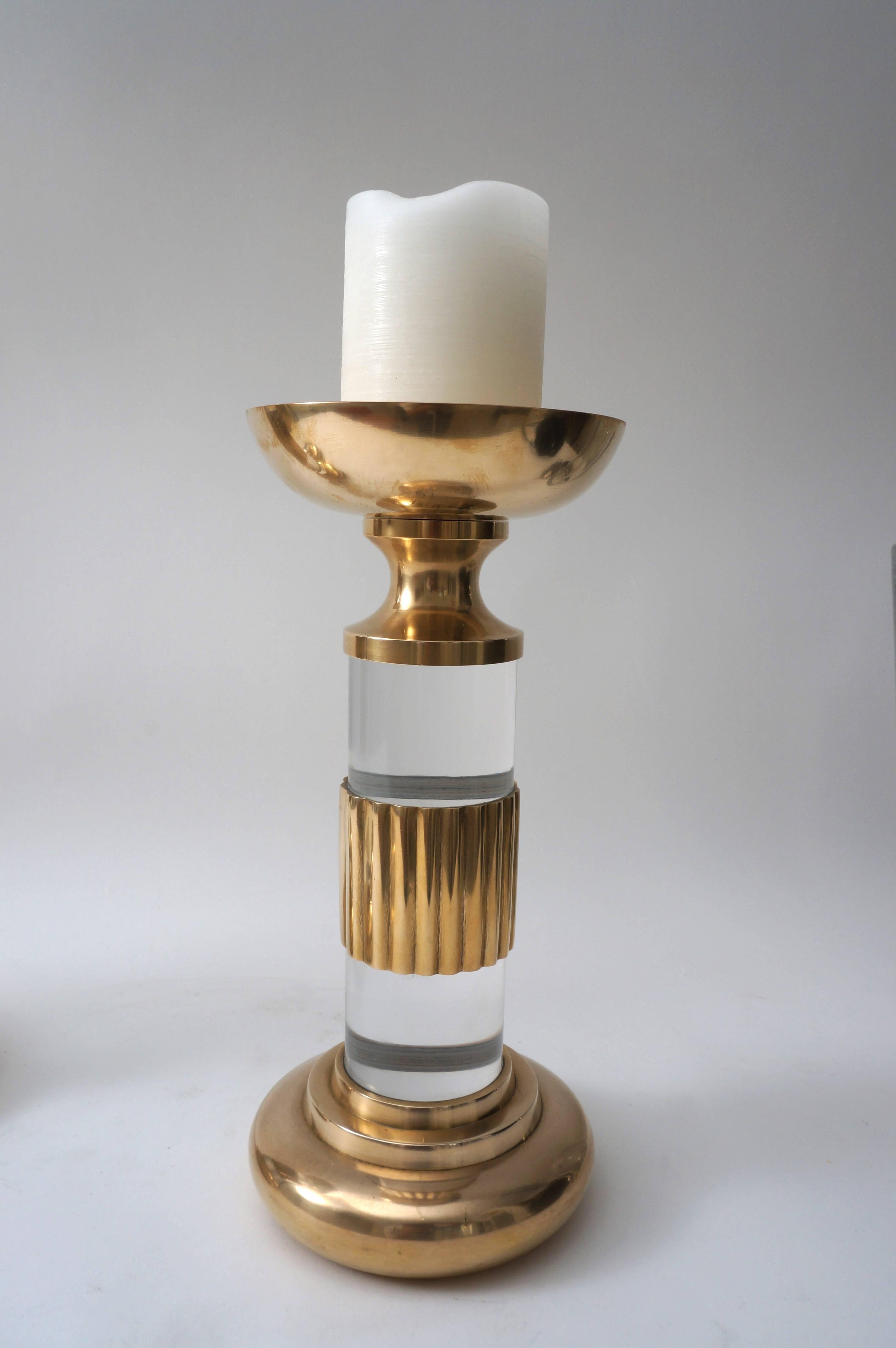 Korean Set of Three Candlesticks in Brass and Lucite
