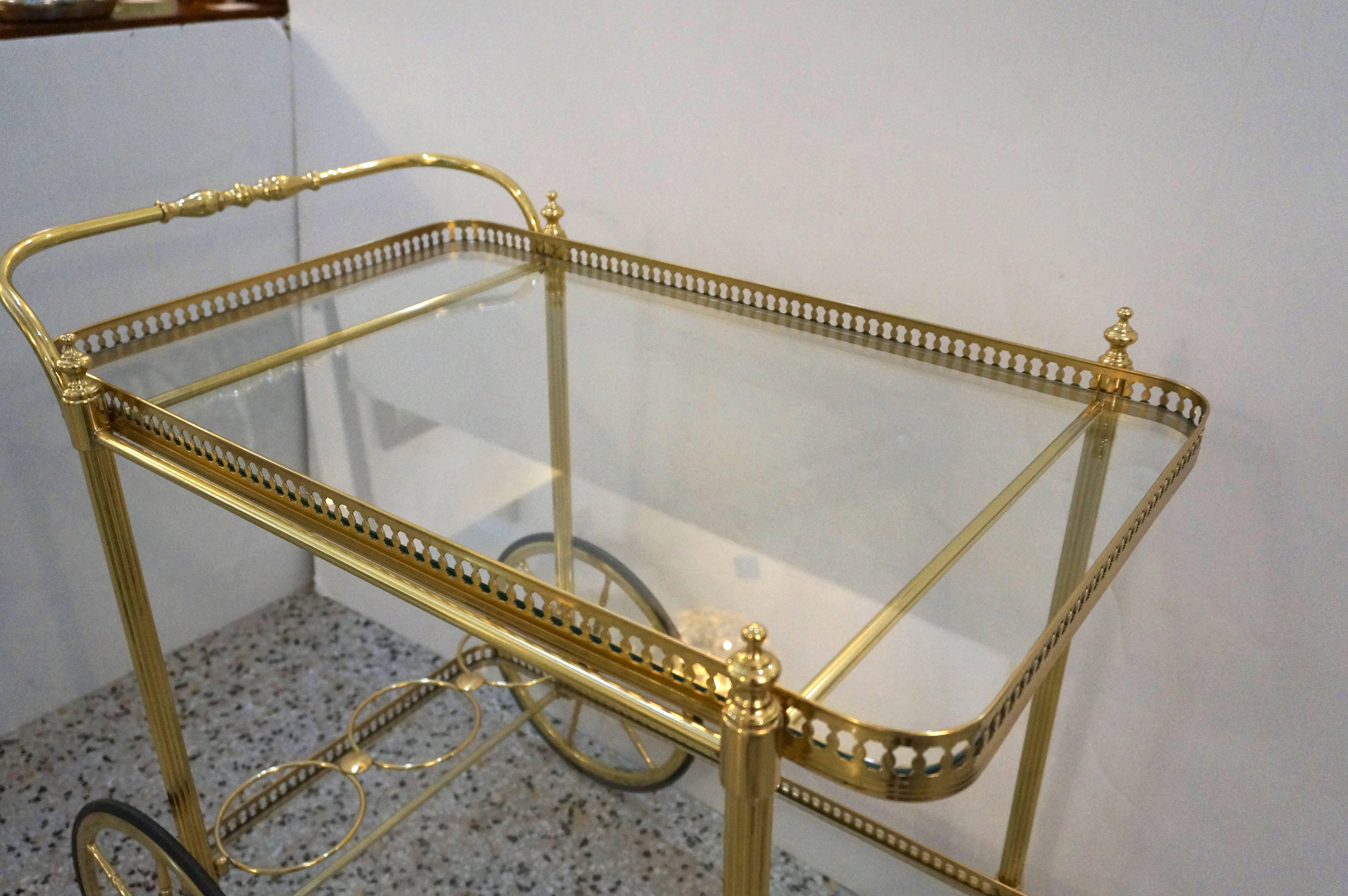 Italian  Bar Cart in Polished Brass and Glass