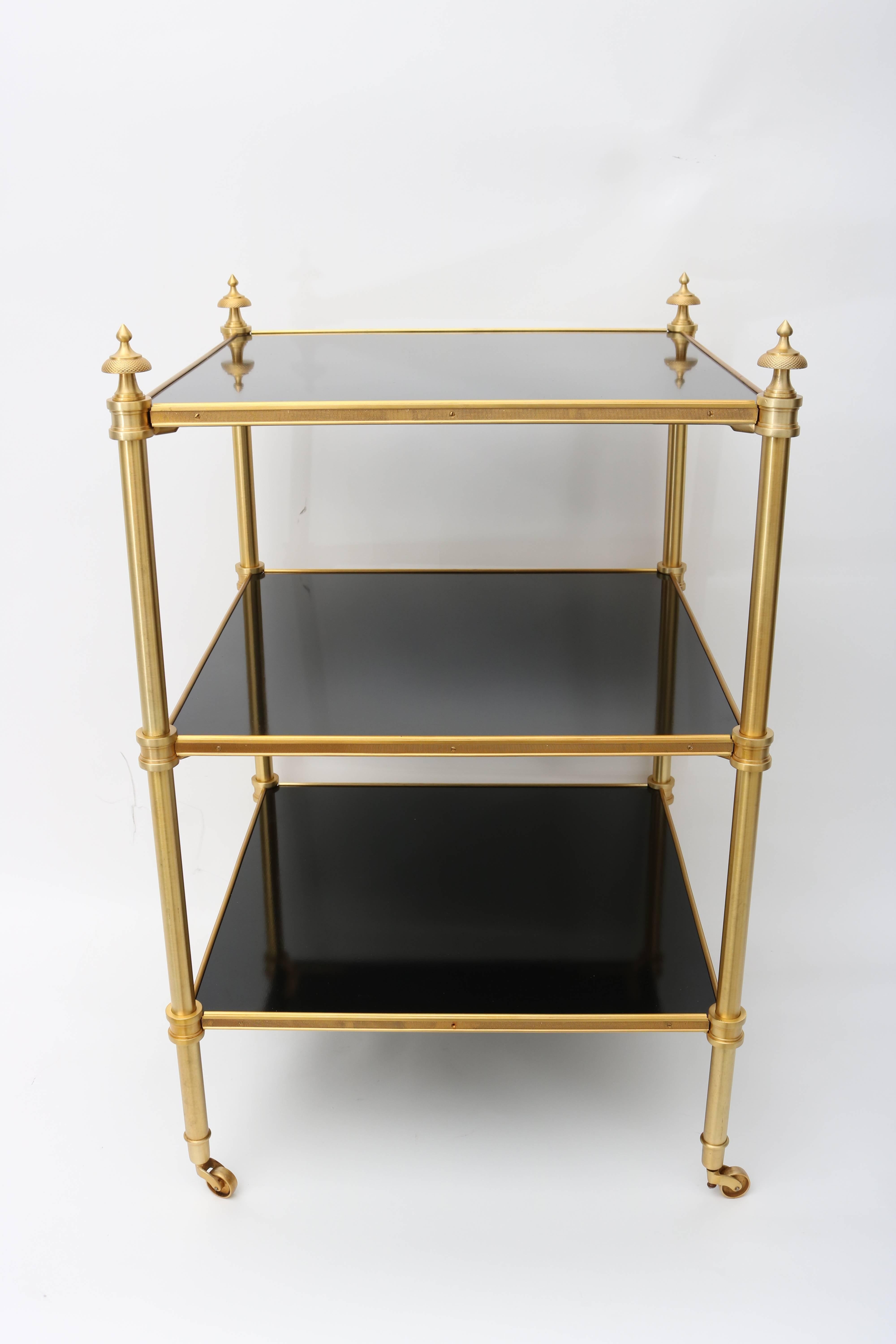 Hollywood Regency Pair Side Tables in Brass and Black Lacquer