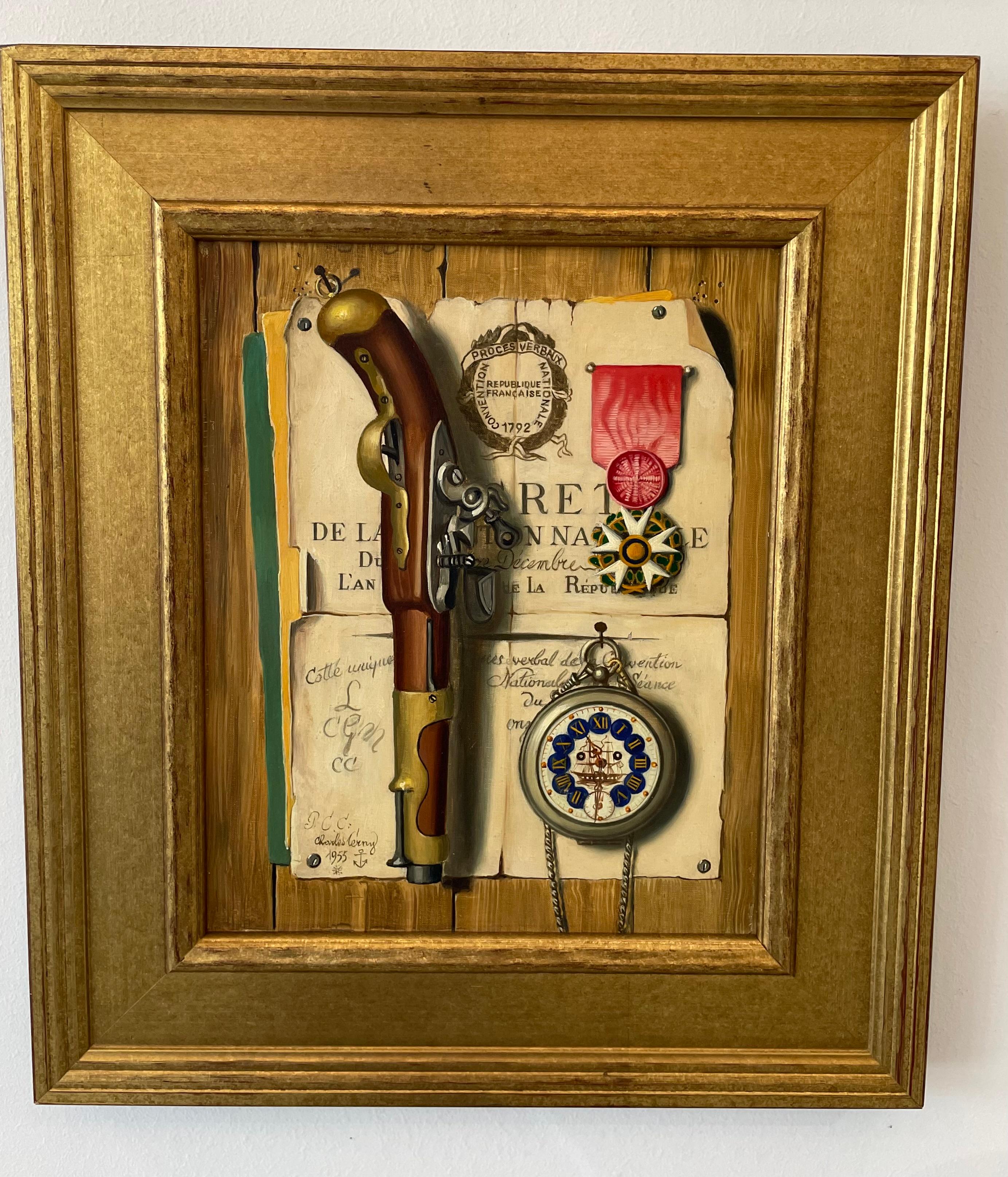 This stylish and chic trompe l'oeil painting on canvas dates to 1955 and was created by the artist Charles Cerny. 

Note: Frame dimensions: 15.75