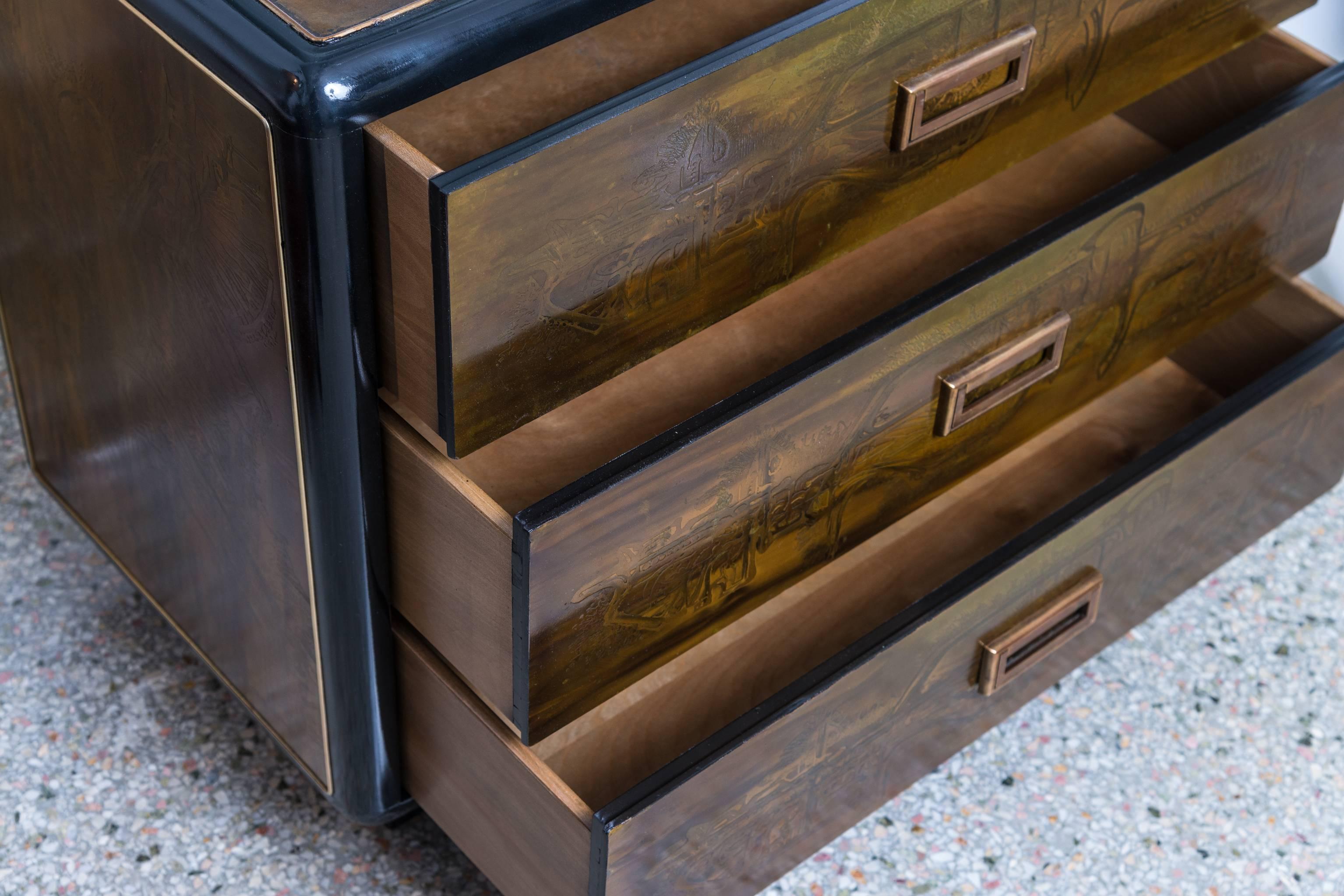 This pair of three-drawer bedside chest date from the 1970s and were manufactured by the American company Mastercraft.  Mastercraft was known for producing American modern, chic, glamorous and elegant furniture. 

This piece was designed by the