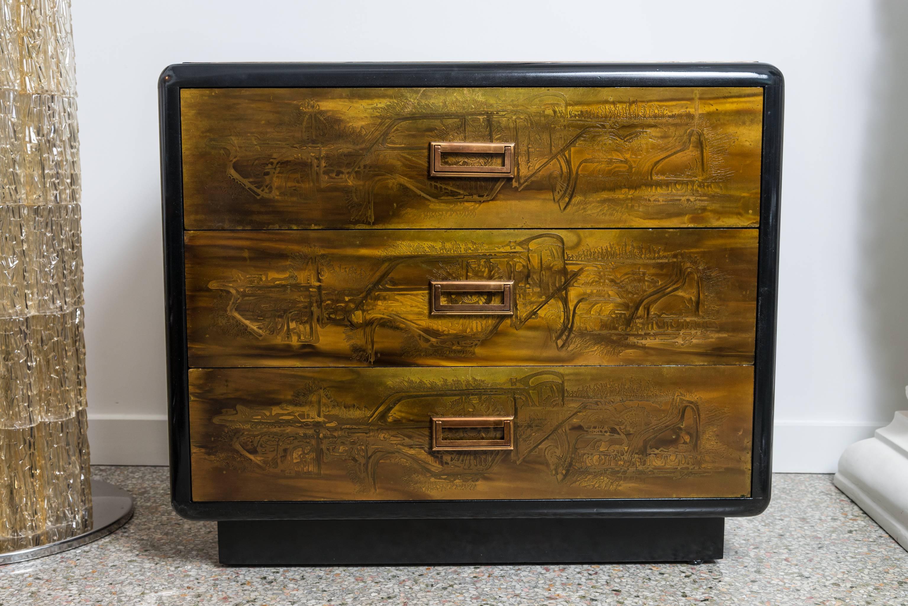 Etched Pair of Three-Drawer Bedside Chest by Bernard Rohne for Mastercraft