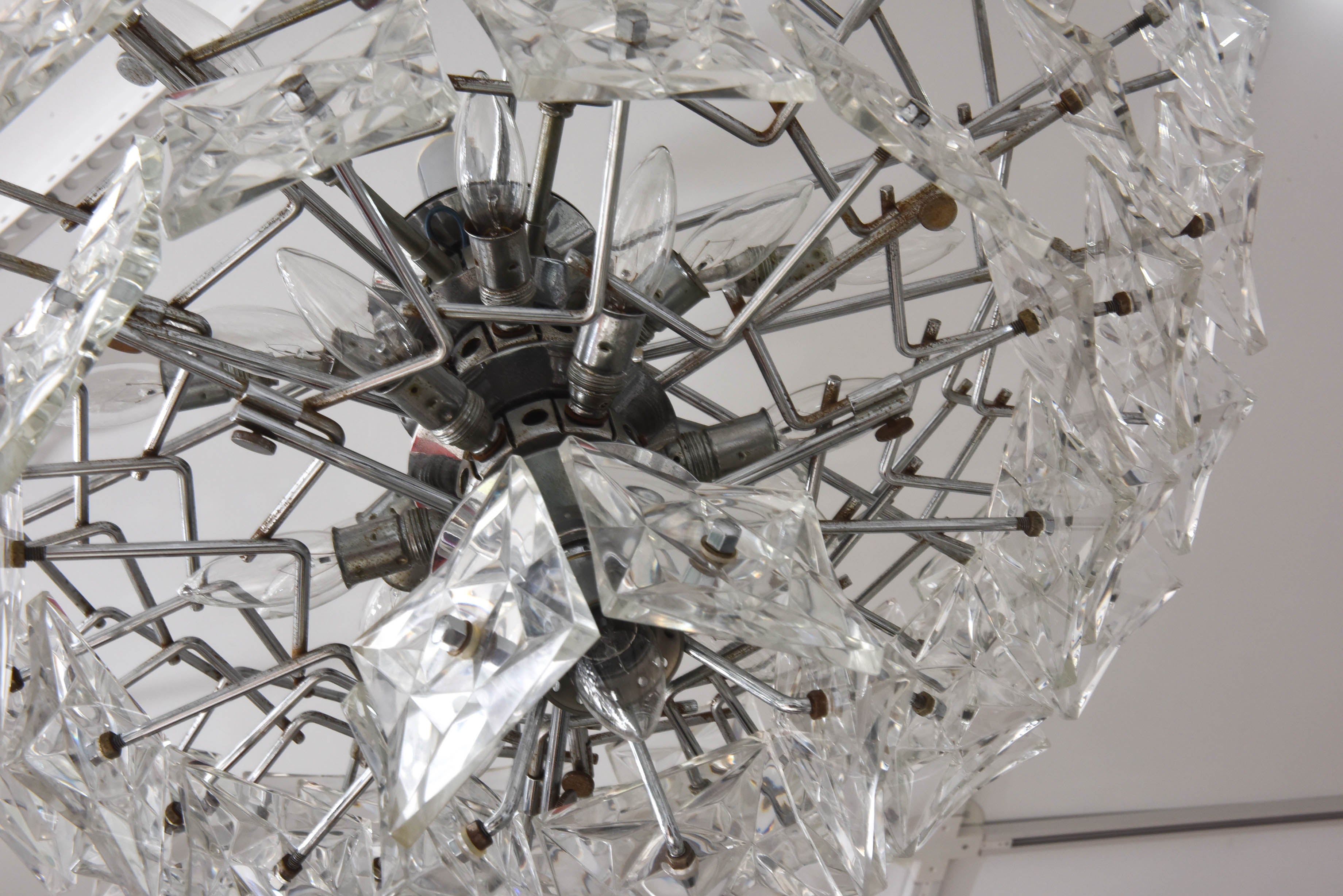 German Mid-Century Modern Chandelier, Kinkeldey, Polished Chrome and Molded Crystal