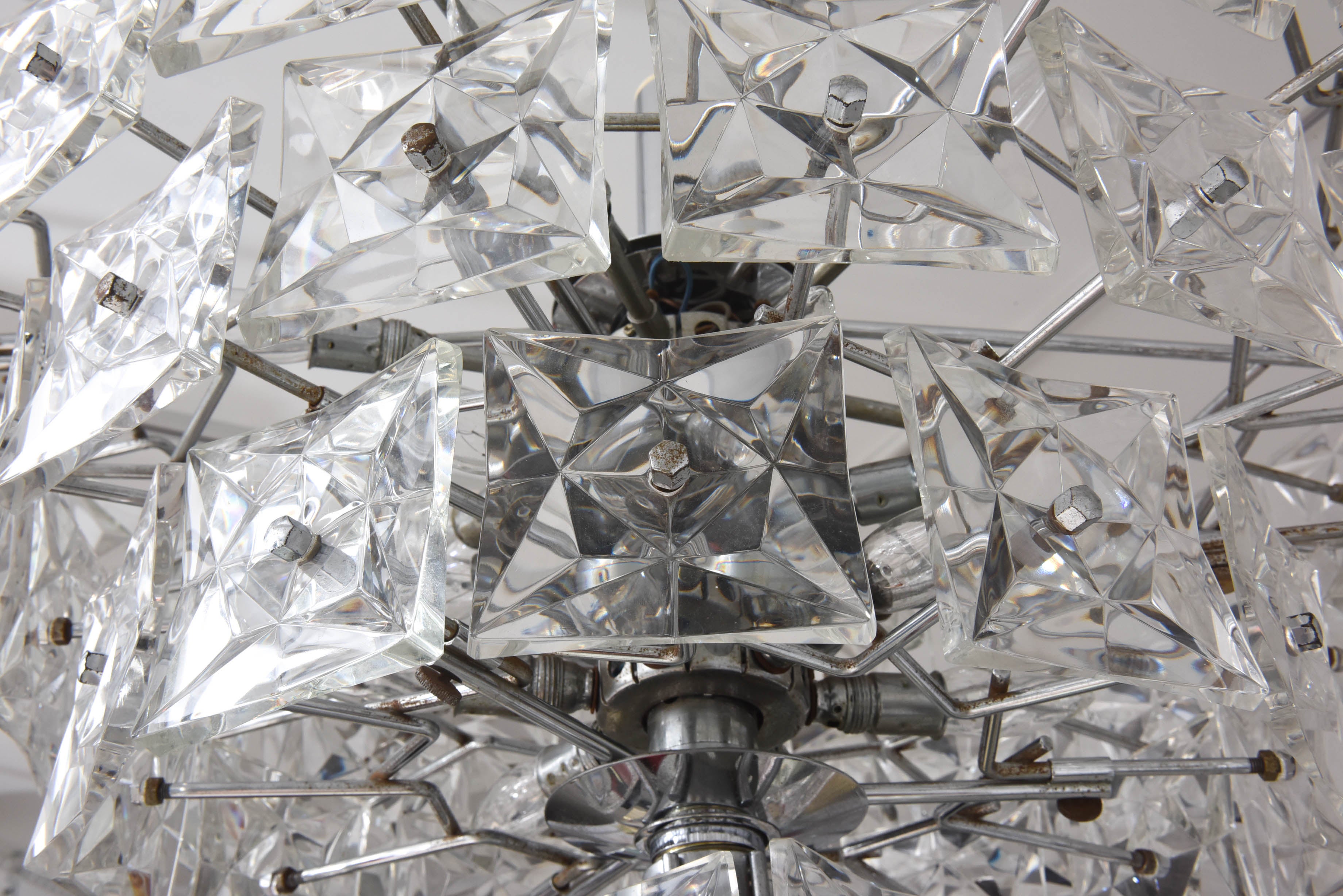 Faceted Mid-Century Modern Chandelier, Kinkeldey, Polished Chrome and Molded Crystal