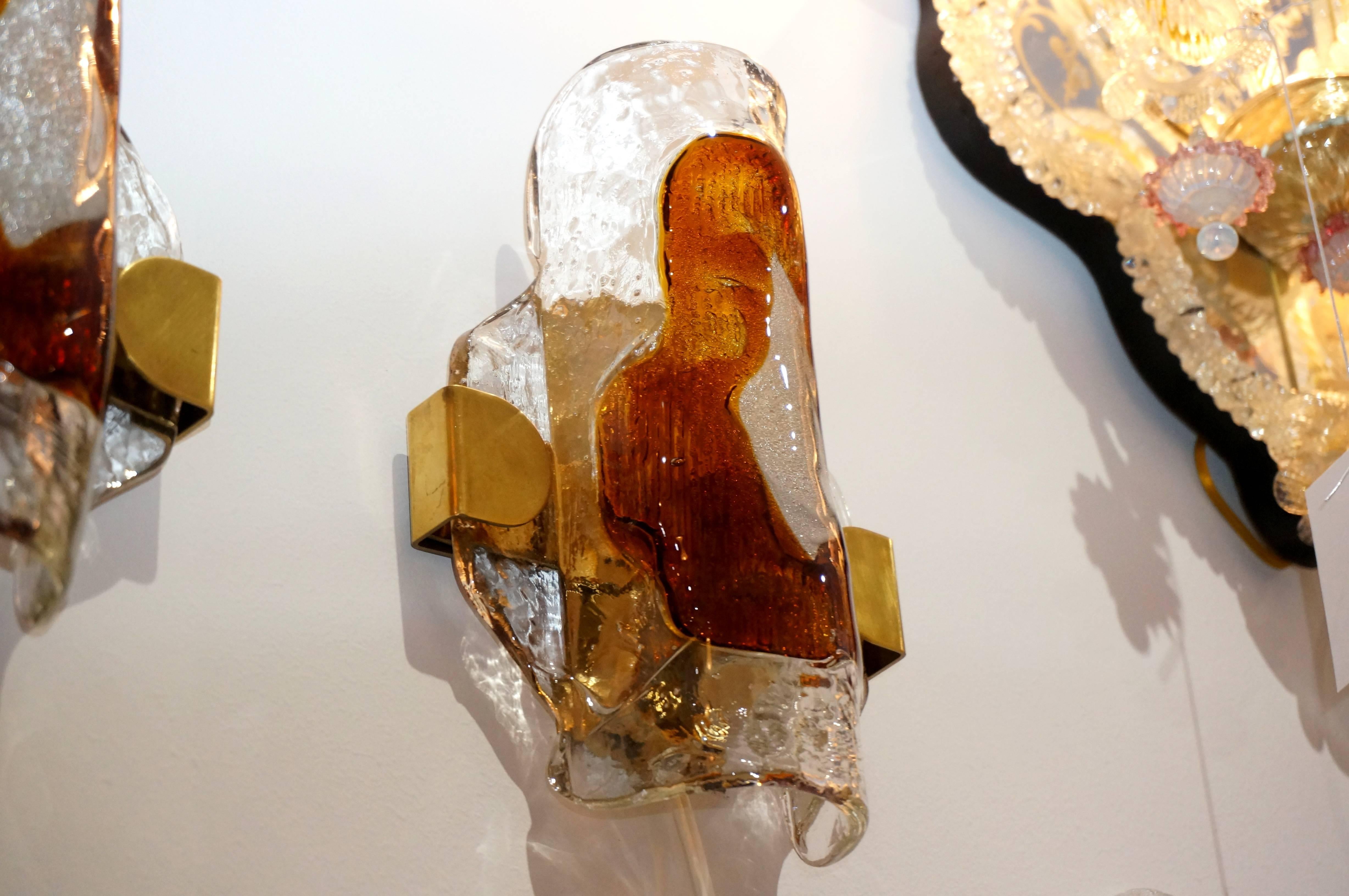 Pair of Mid-Century Modern Murano Glass Wall Sconces, Mazzega, Italy, 1960s In Good Condition In West Palm Beach, FL