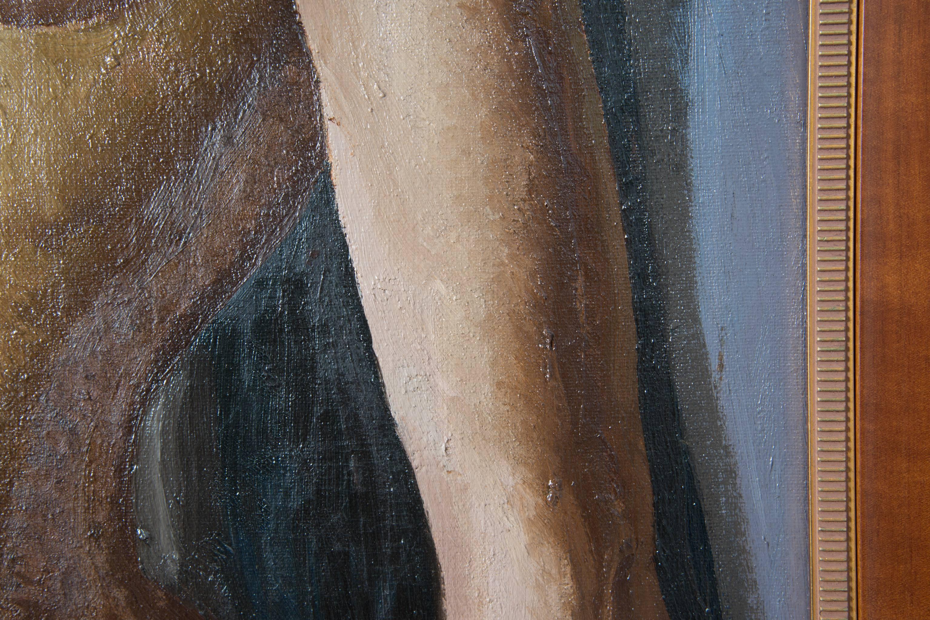 This oil on canvas depicting a nude female leaning against a gray wall was painted in the 1930s by the listed, American artist Mabel Kaiser Saloomey (b.1908) and is signed in the upper left-hand corner of the canvas.

The artist has used earth-tones