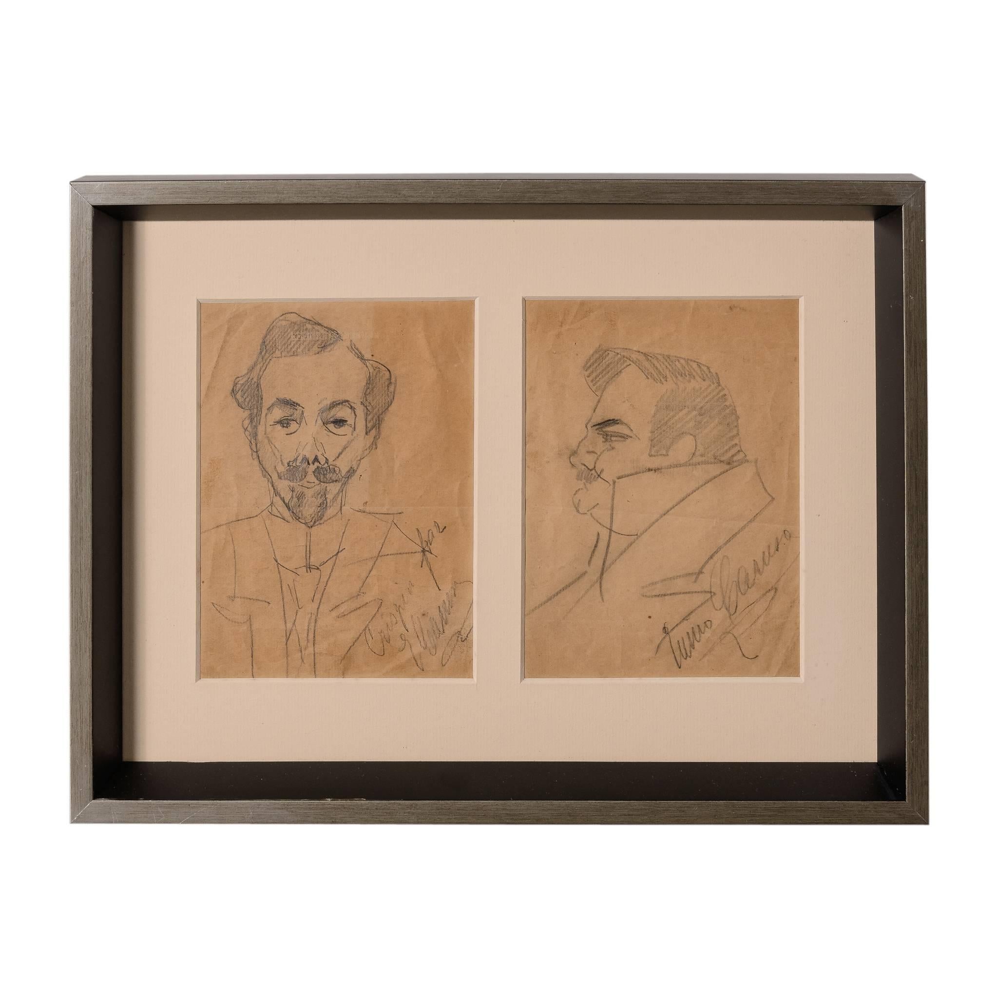 Signed Pencil Sketch of Enrico Caruso and Arturo Buzzi-Peccia by Enrico Caruso For Sale