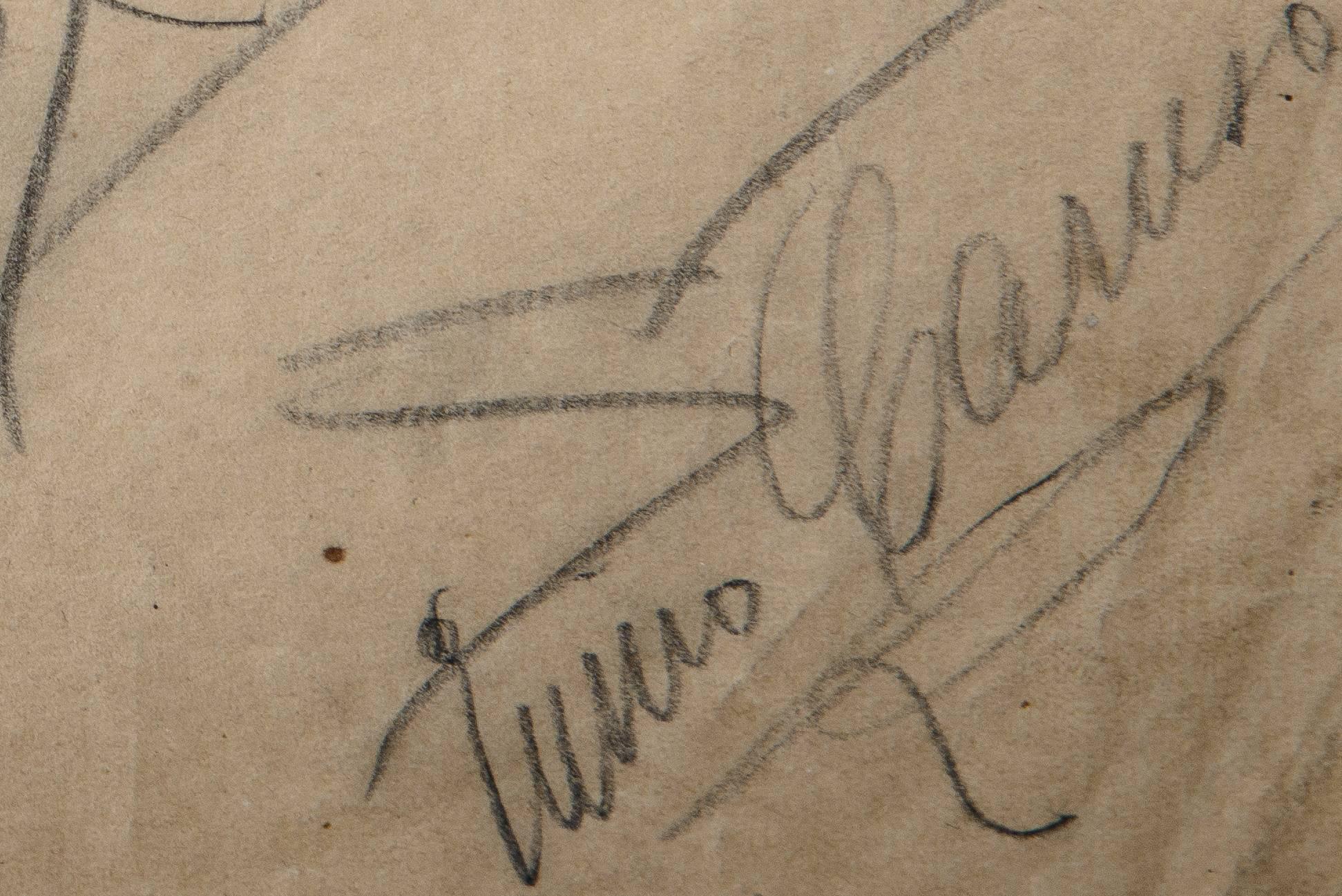 Romantic Signed Pencil Sketch of Enrico Caruso and Arturo Buzzi-Peccia by Enrico Caruso For Sale