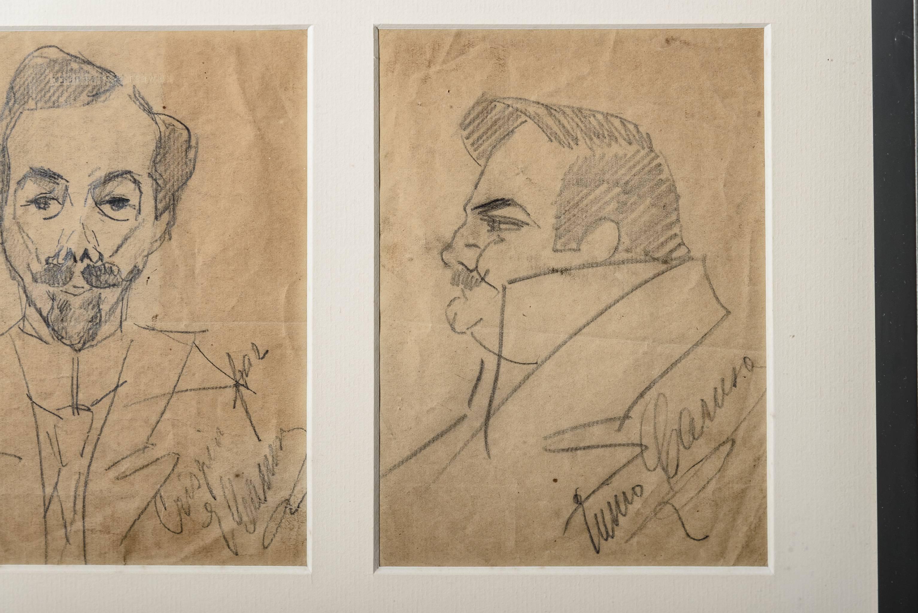 Signed Pencil Sketch of Enrico Caruso and Arturo Buzzi-Peccia by Enrico Caruso In Excellent Condition For Sale In West Palm Beach, FL