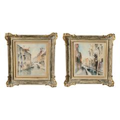Vintage Set of Two Venetian Scenic Canal Watercolors, Italy, Carlo Ravagnan