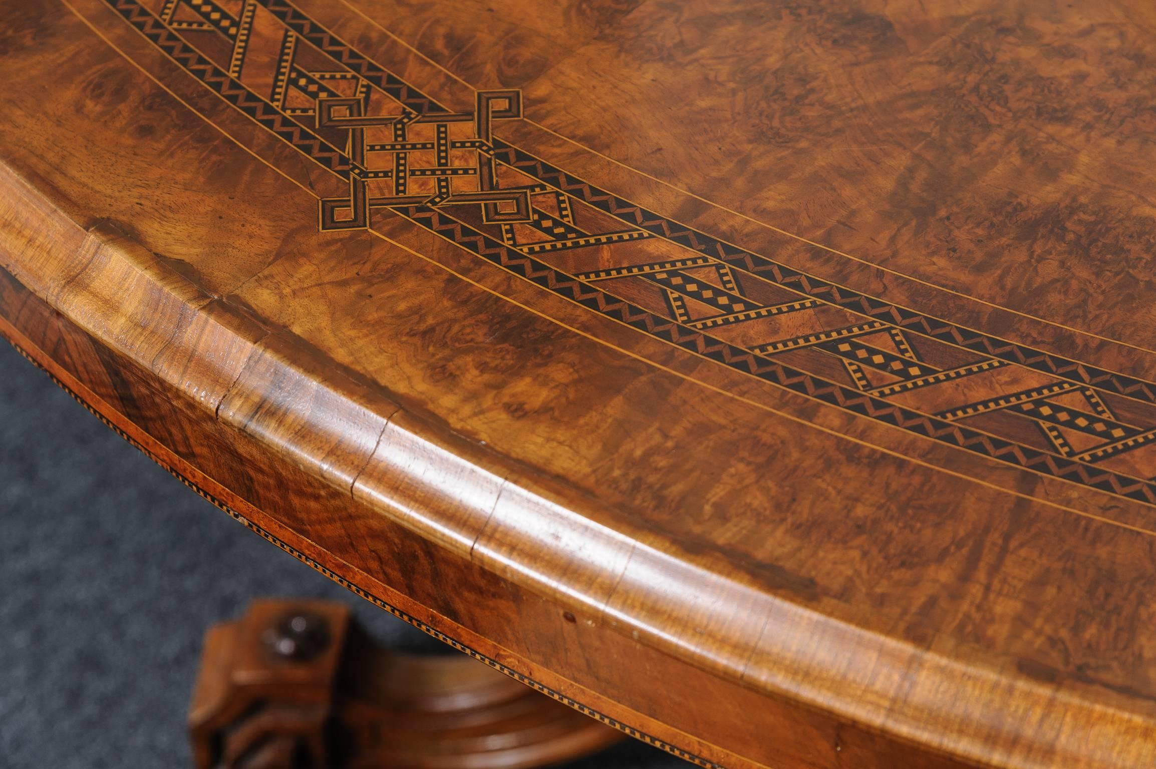 19th Century Edwardian Oval Center Table, Walnut and Burl Wood, Marquetry Inlay 3