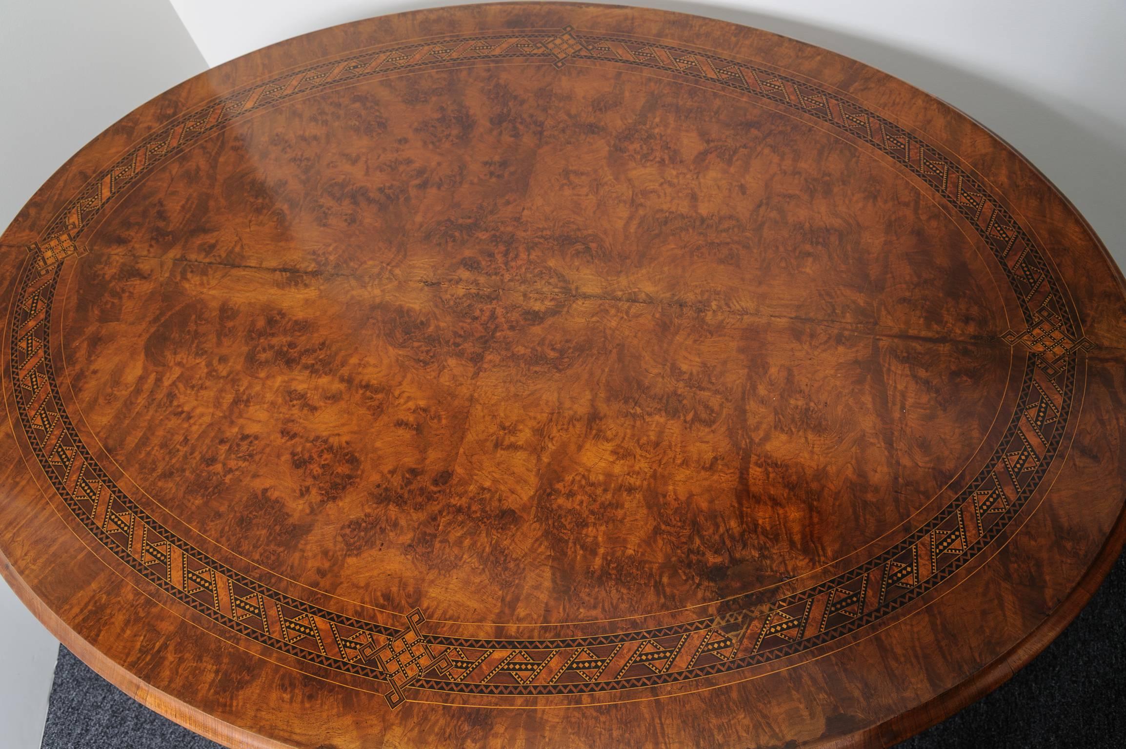 19th Century Edwardian Oval Center Table, Walnut and Burl Wood, Marquetry Inlay 2