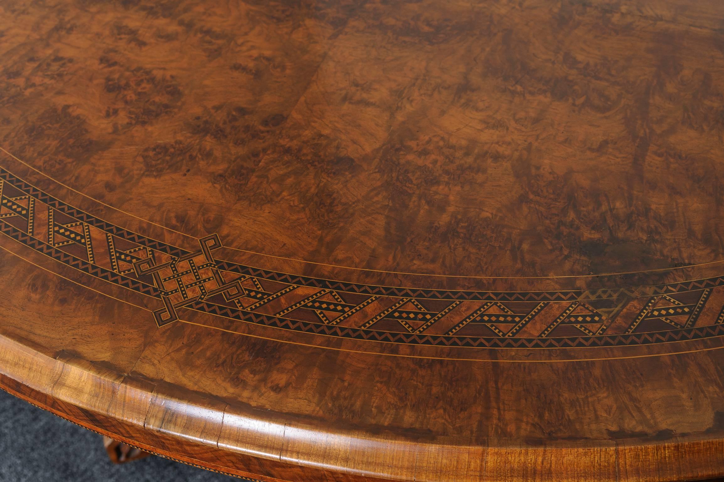 19th Century Edwardian Oval Center Table, Walnut and Burl Wood, Marquetry Inlay 4