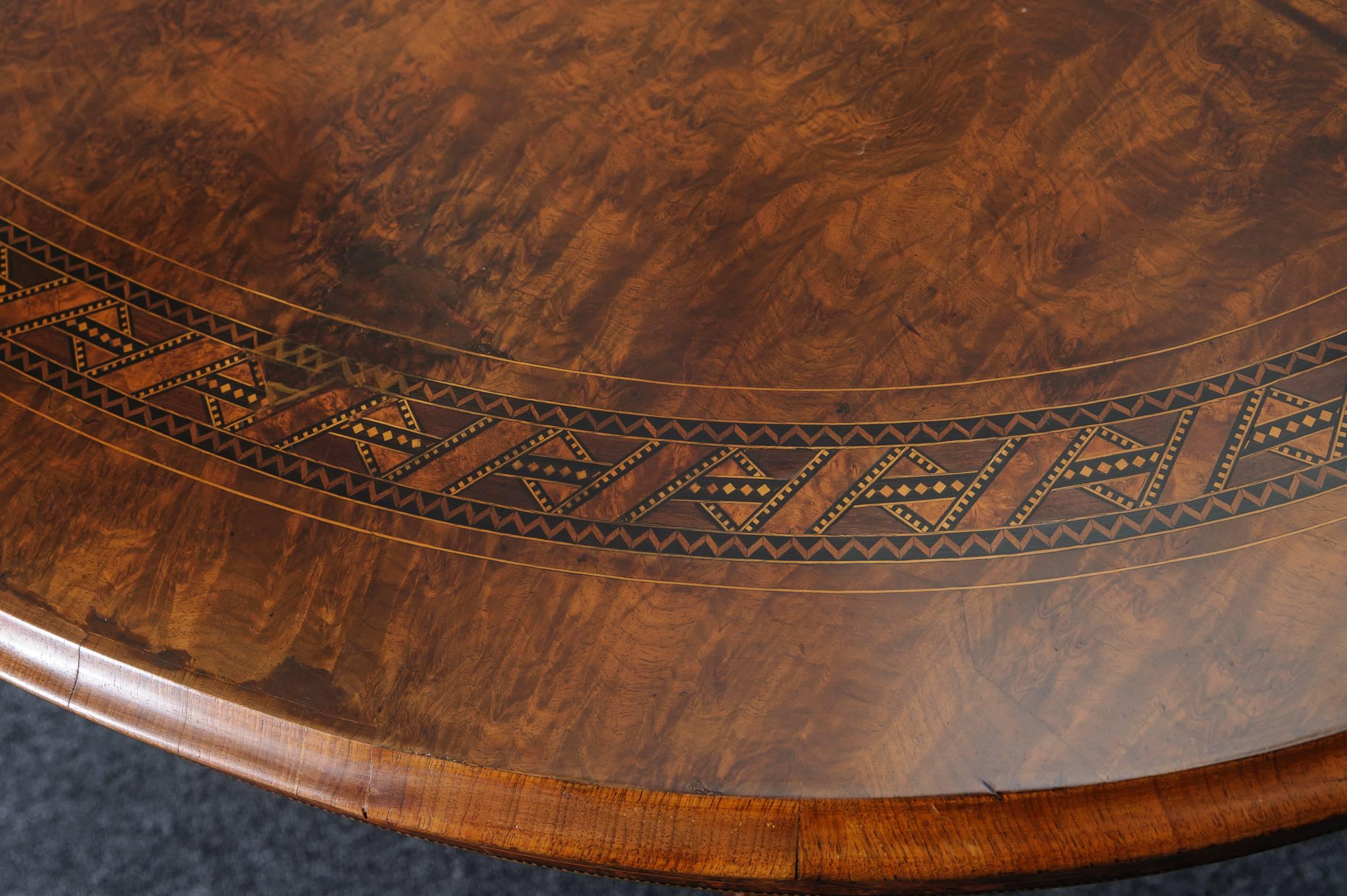 19th Century Edwardian Oval Center Table, Walnut and Burl Wood, Marquetry Inlay 6