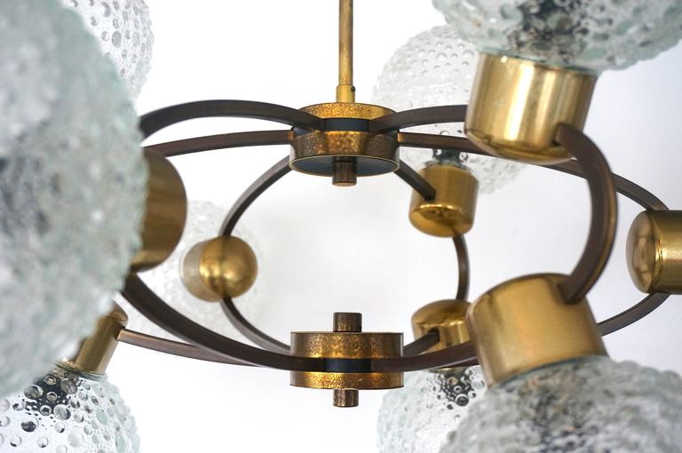 MidCentury Modern AtomicOrbital Chandelier, Antique Brass with Glass